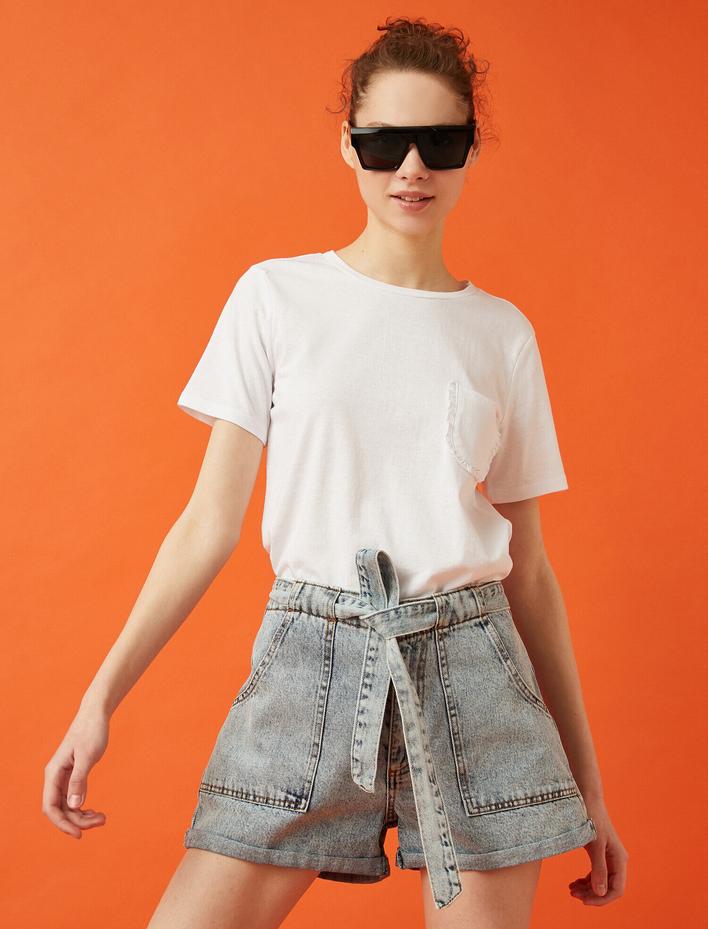  Cepli Tişört Fırfır Detaylı Bisiklet Yaka Pamuklu