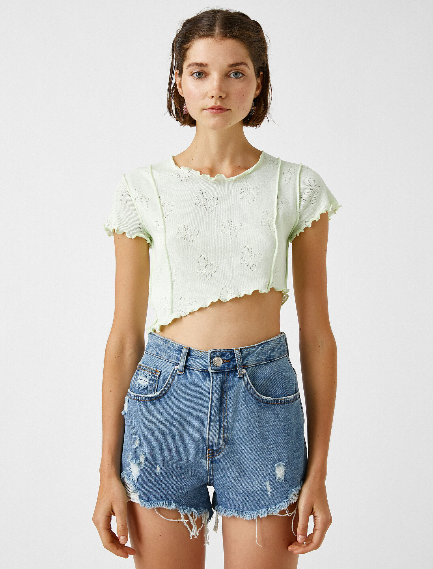   Kelebek Detaylı Tişört Crop Kısa Kollu Pamuklu