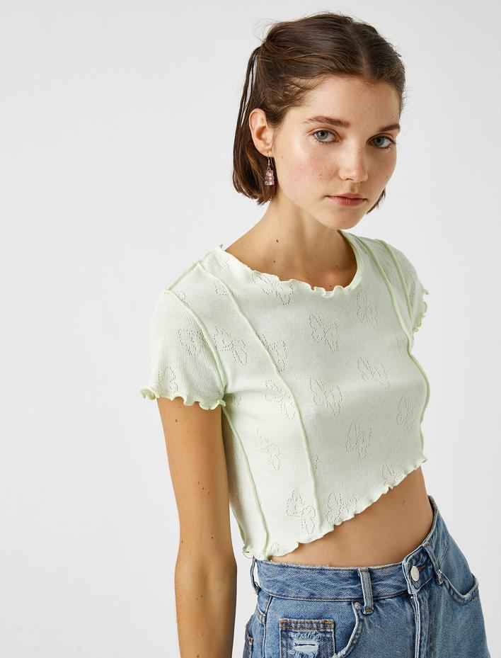  Kelebek Detaylı Tişört Crop Kısa Kollu Pamuklu