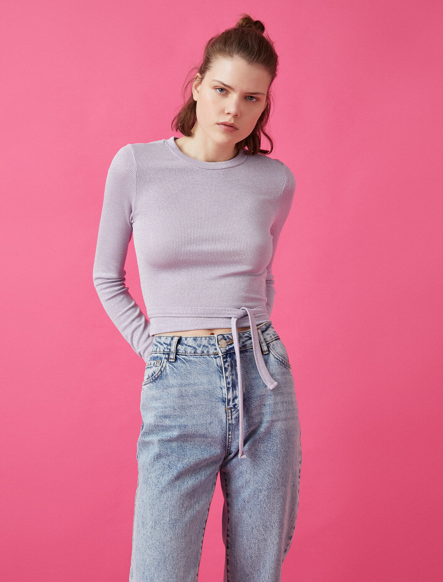   Uzun Kollu Tişört Bisiklet Yaka Beli Bağlamalı