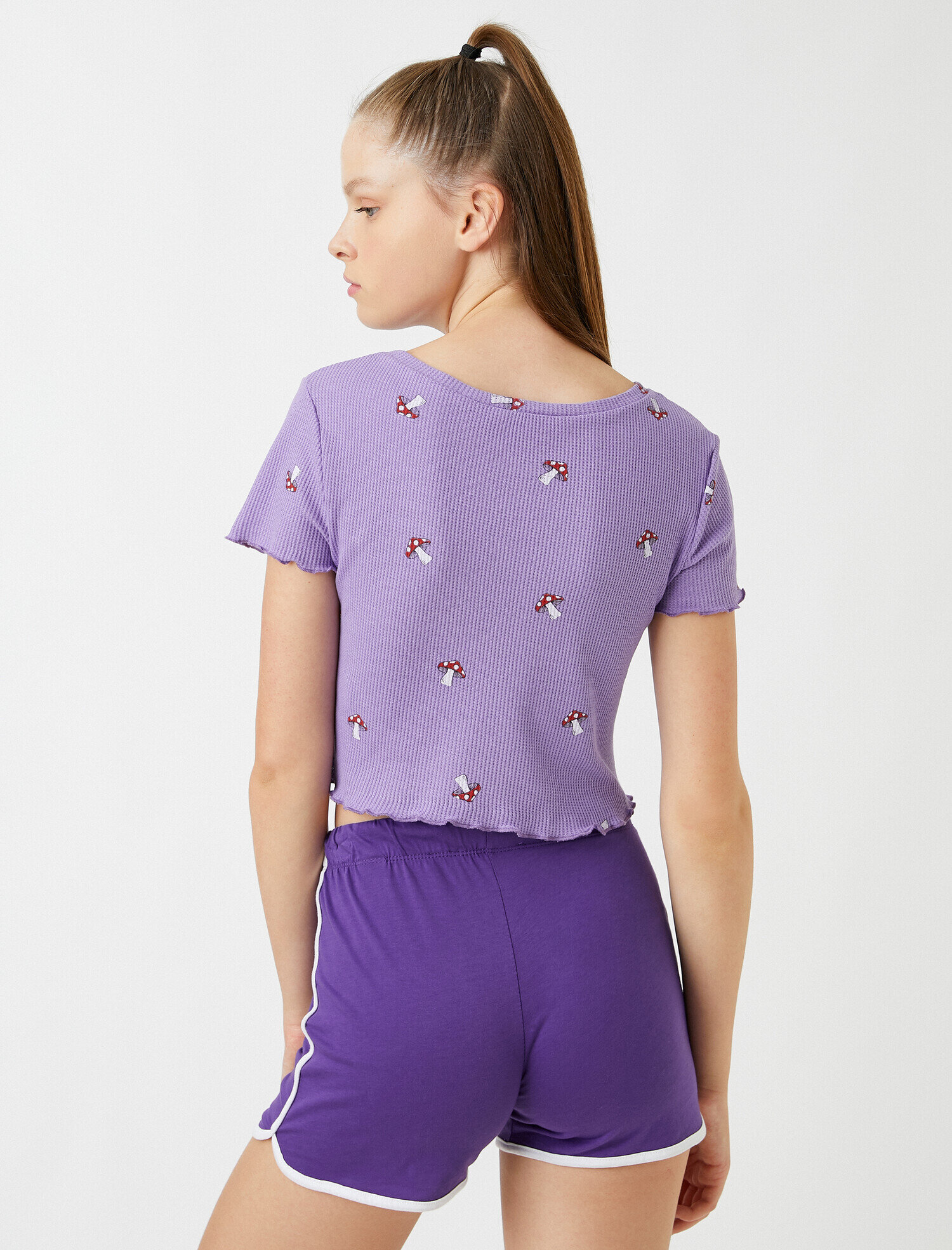   Mantar Baskılı Kısa Kollu Tişört Pamuklu Crop