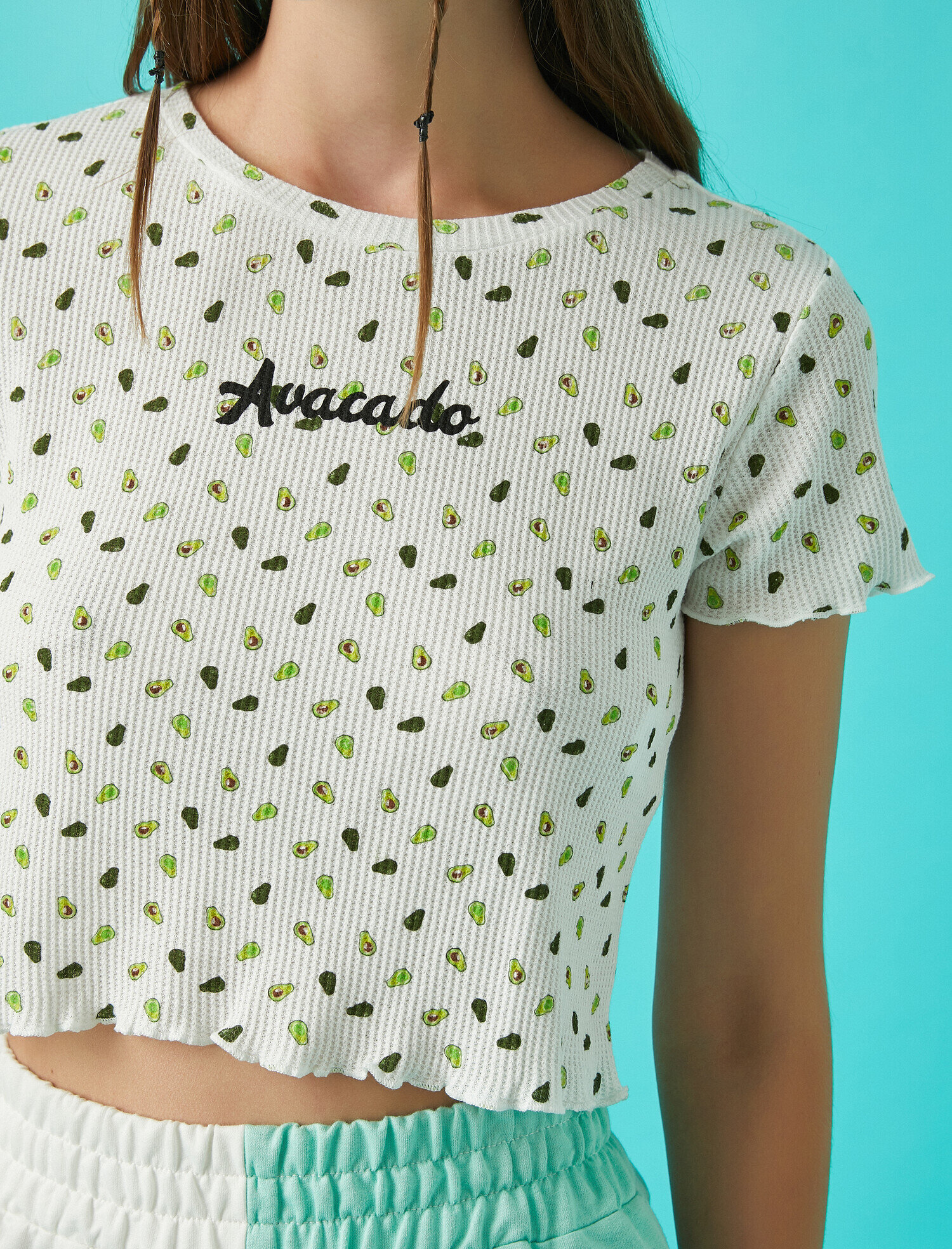   Desenli Crop Tişört Pamuklu