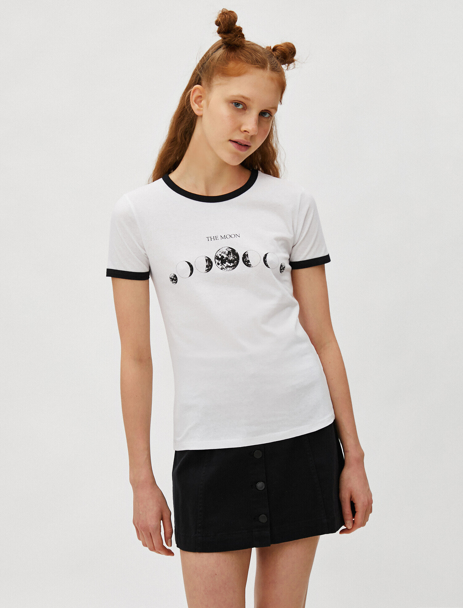   Kısa Kollu Tişört Bisiklet Yaka Baskılı Pamuklu Şerit Detaylı