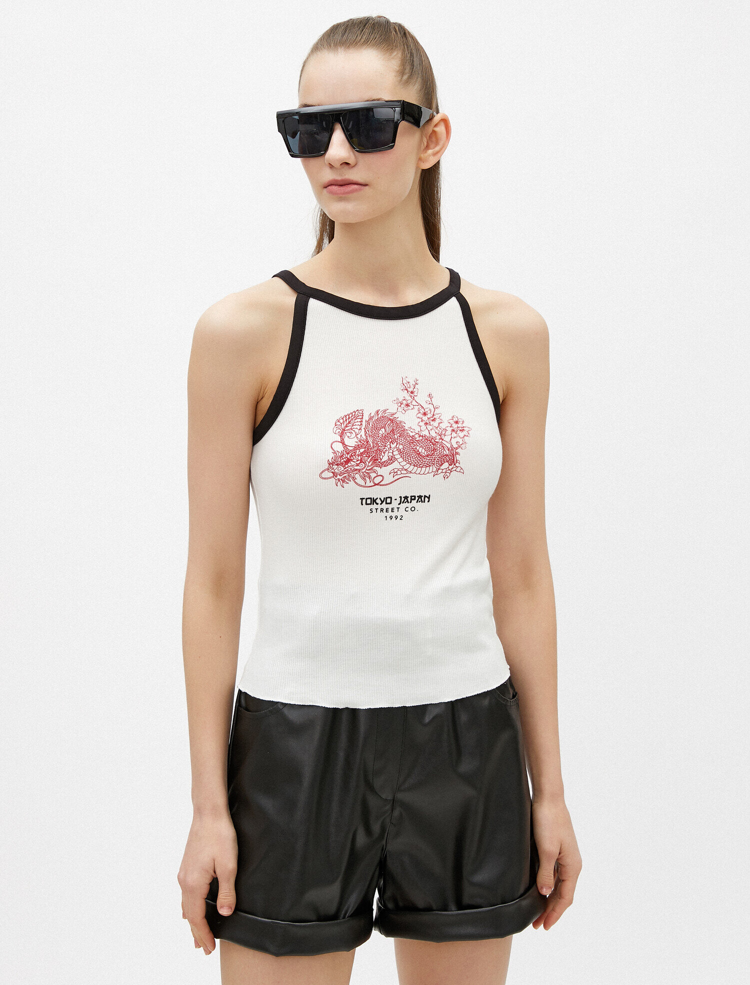   Baskılı Atlet Halter Yaka Şerit Detaylı Fitilli Tanktop