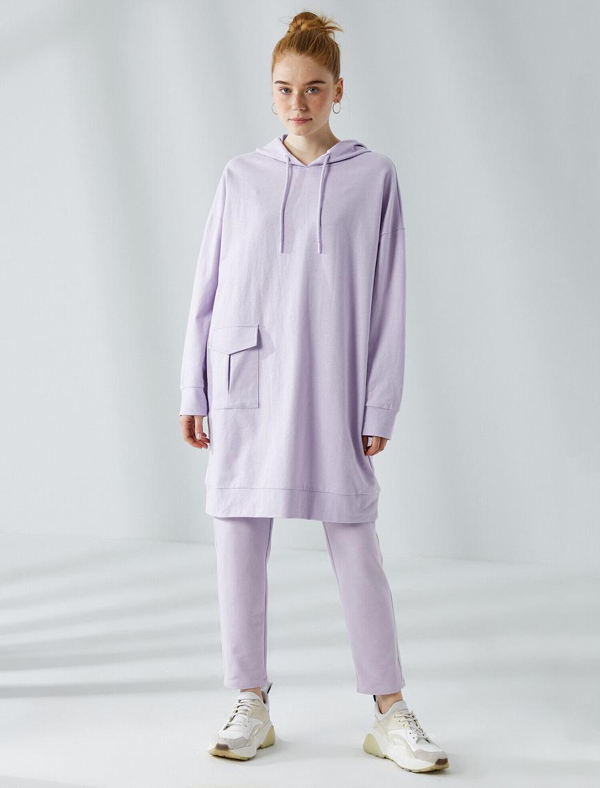   Uzun Sweatshirt Kapüşonlu Cepli