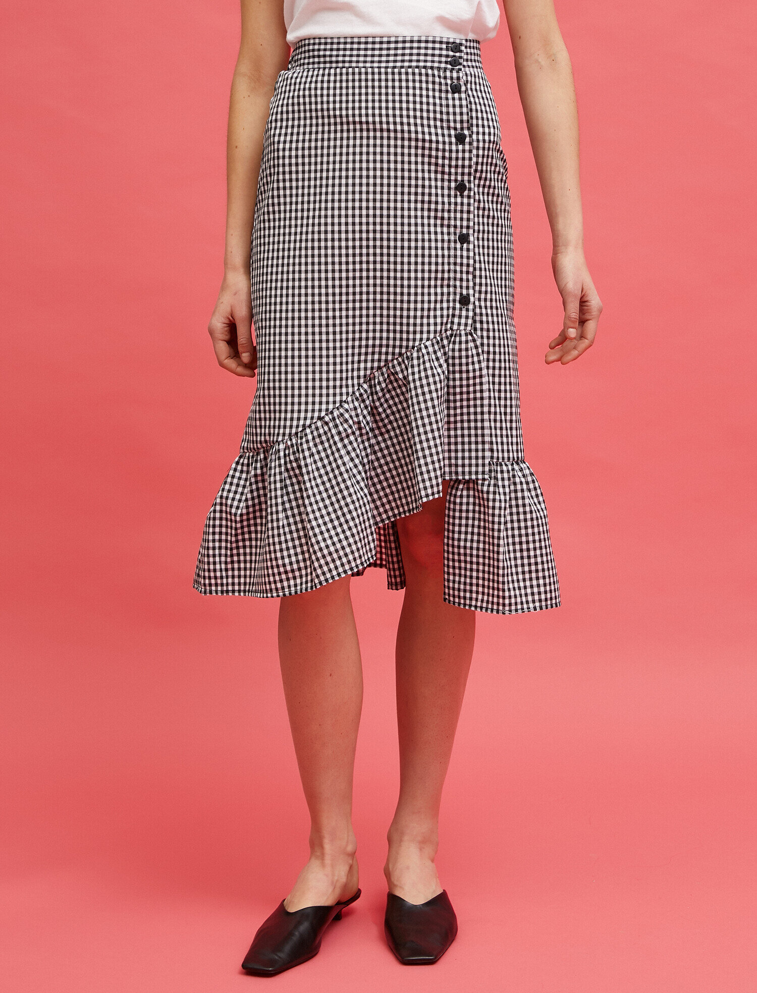   Pamuklu Kareli Volanlı Düğmeli Etek