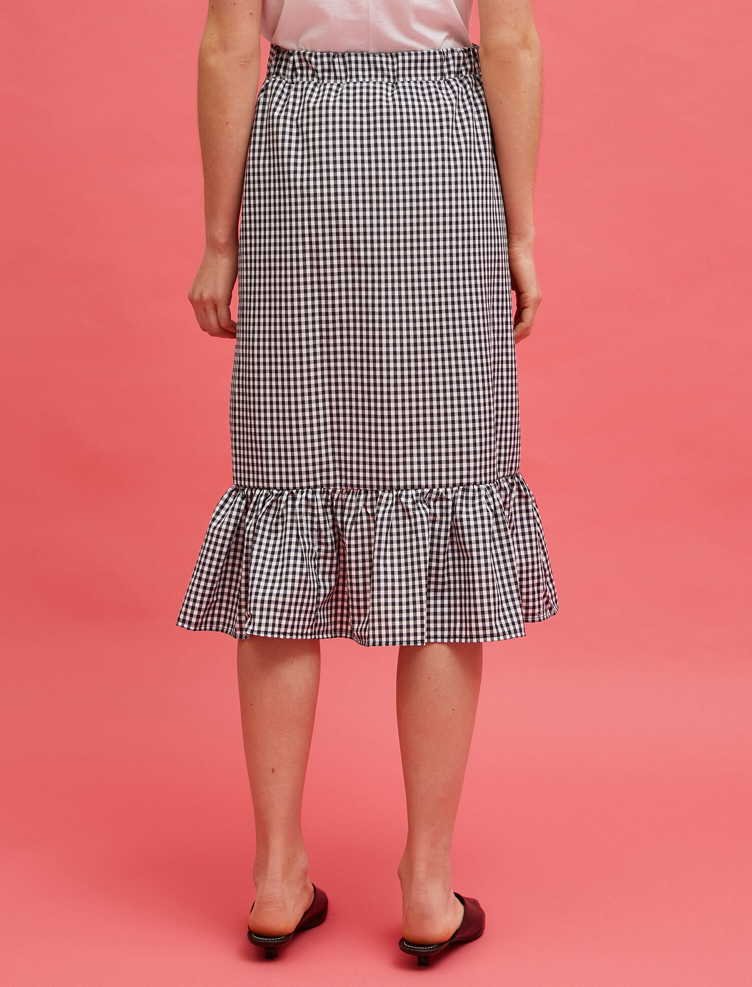   Pamuklu Kareli Volanlı Düğmeli Etek