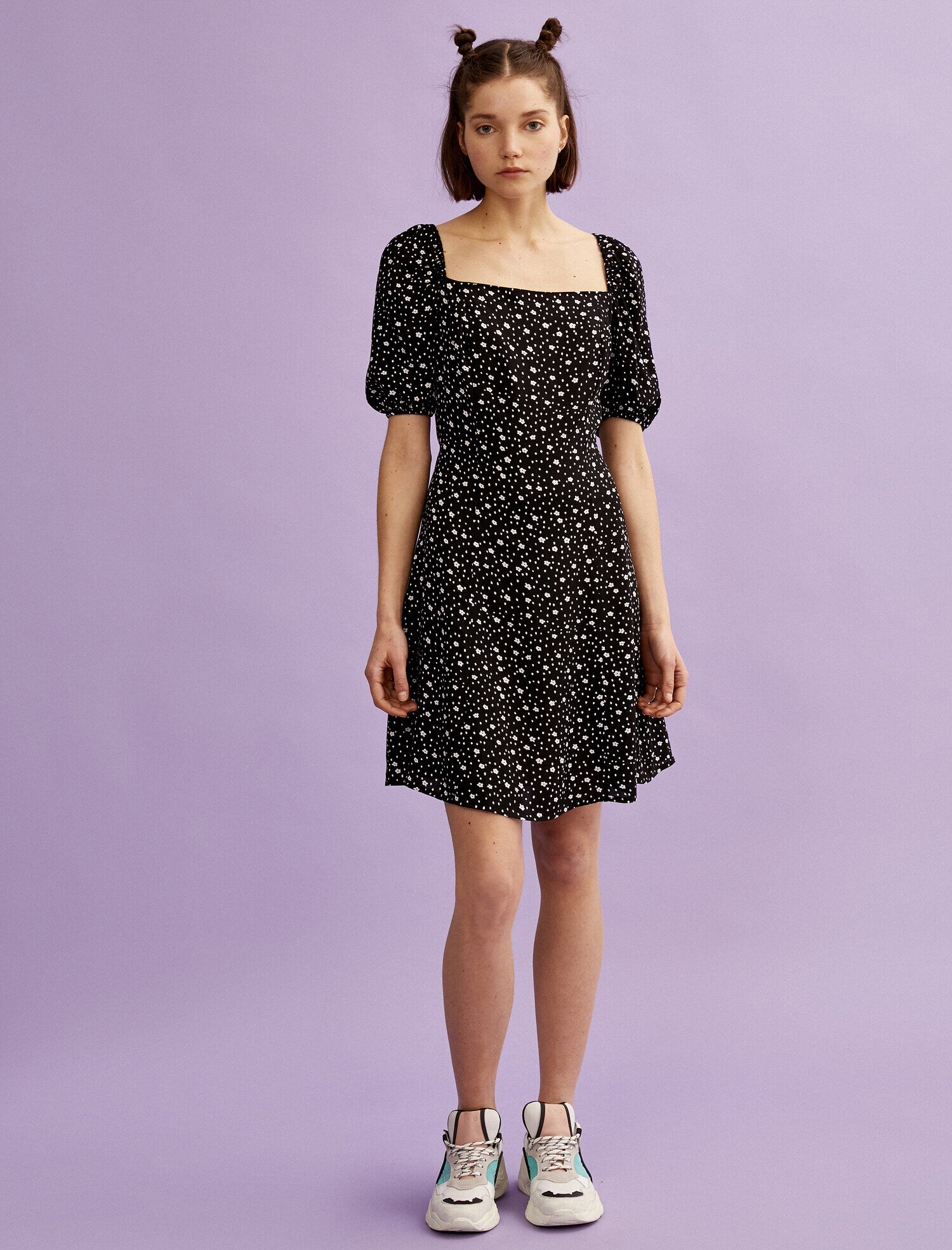   Çiçekli Yazlık Elbise Balon Kol Mini