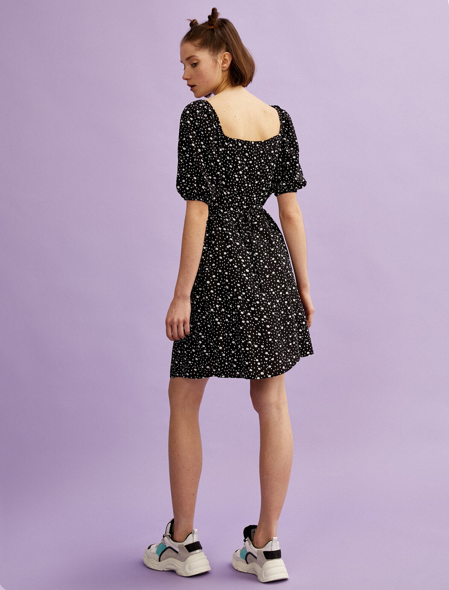   Çiçekli Yazlık Elbise Balon Kol Mini