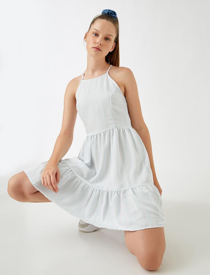  Sırt Detaylı Elbise Çizgili Volanlı