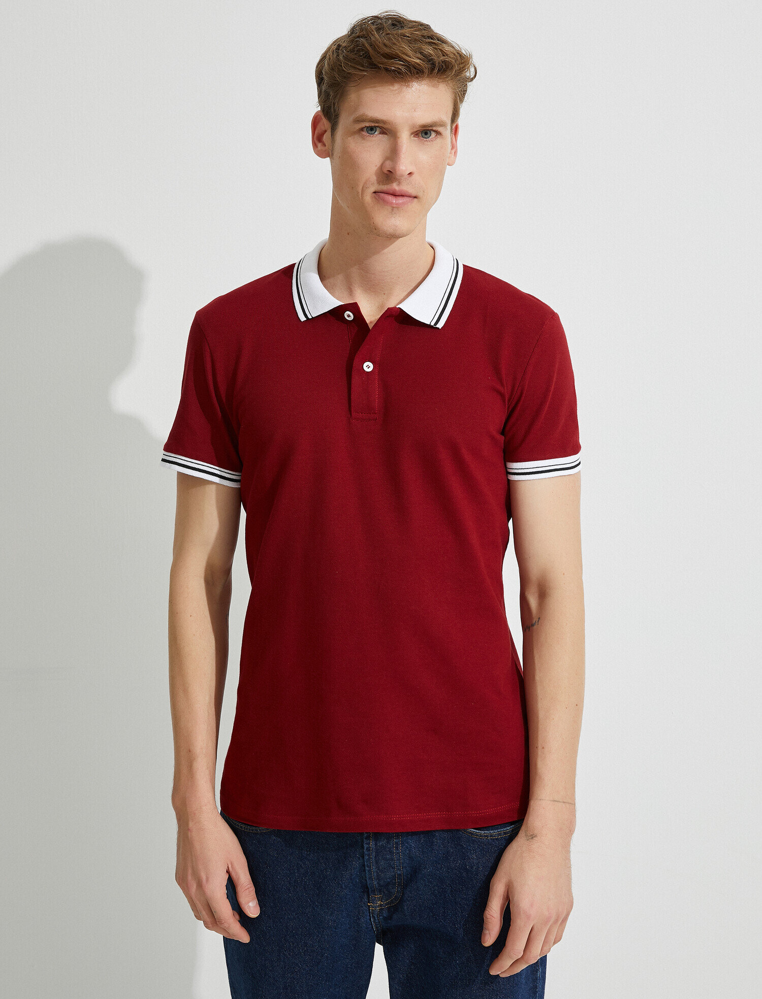   Polo Yaka Tişört Şerit Detaylı Pamuklu