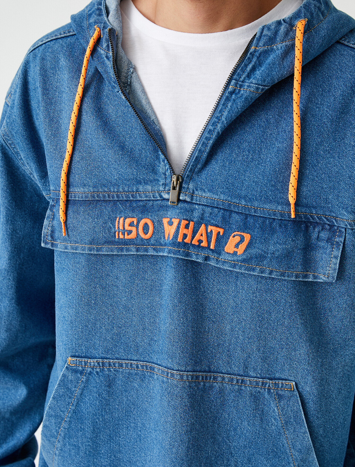   Kapüşonlu Kot Mont Yarım Fermuarlı Cepli