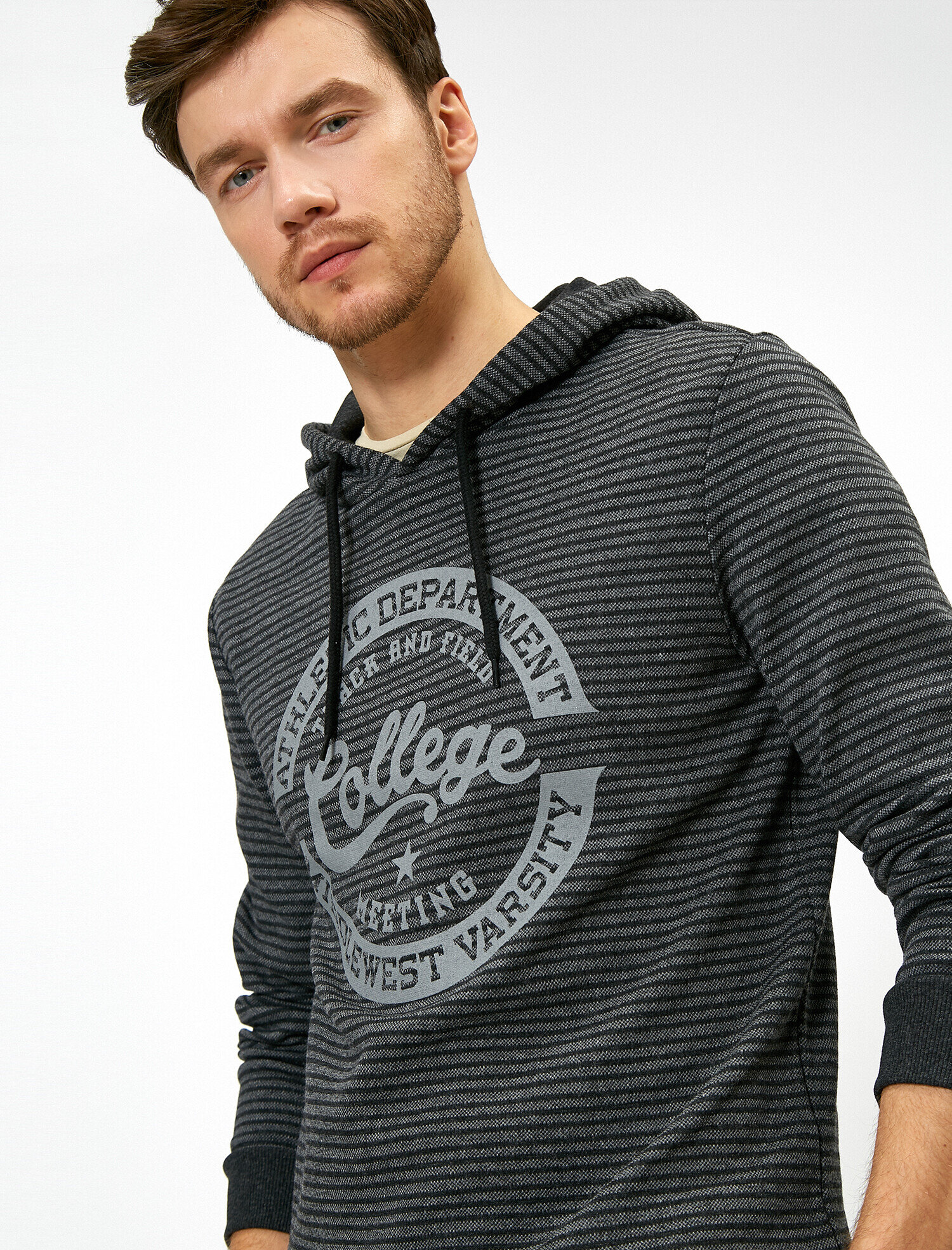   Kapüşonlu Baskılı Çizgili Sweatshirt