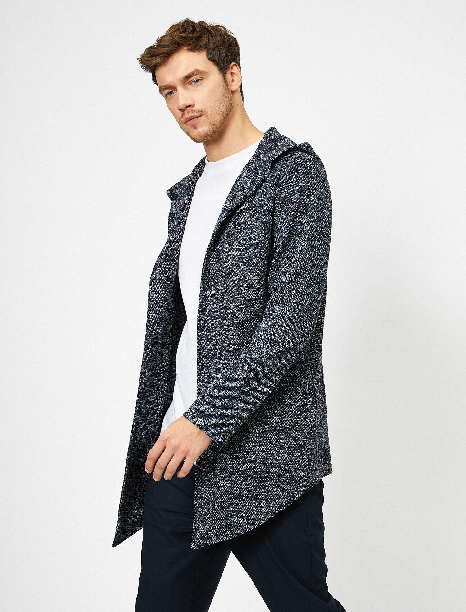   Kapüşonlu Muline Kumaş Uzun Fit Hırka