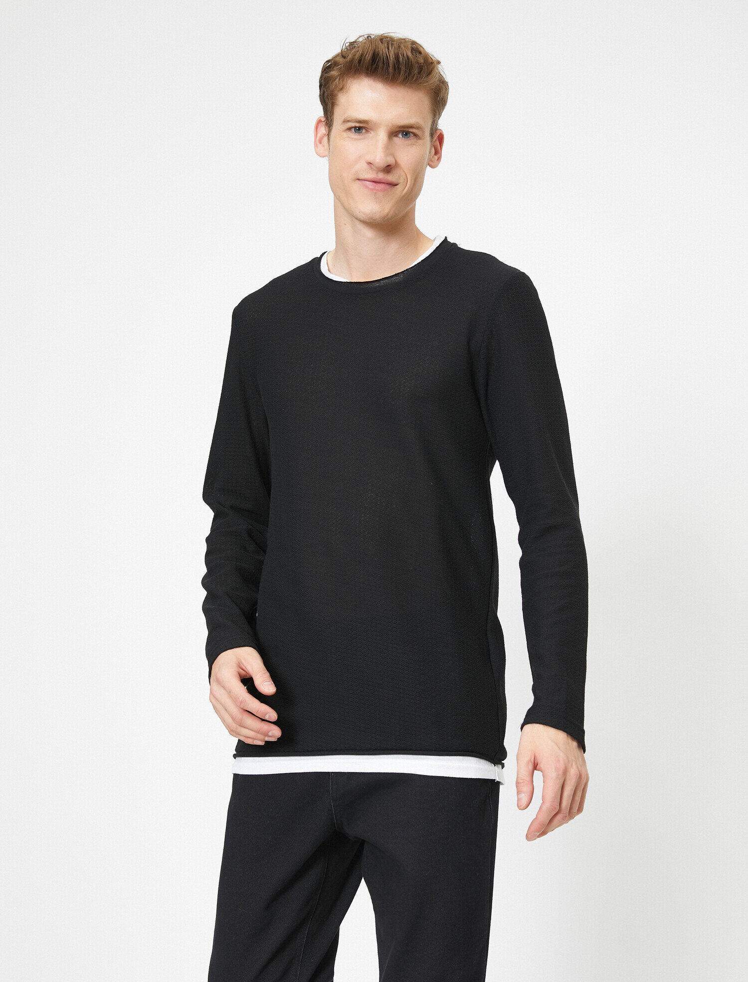   Bisiklet Yaka Dokulu Kumaş Slim Fit Kazak