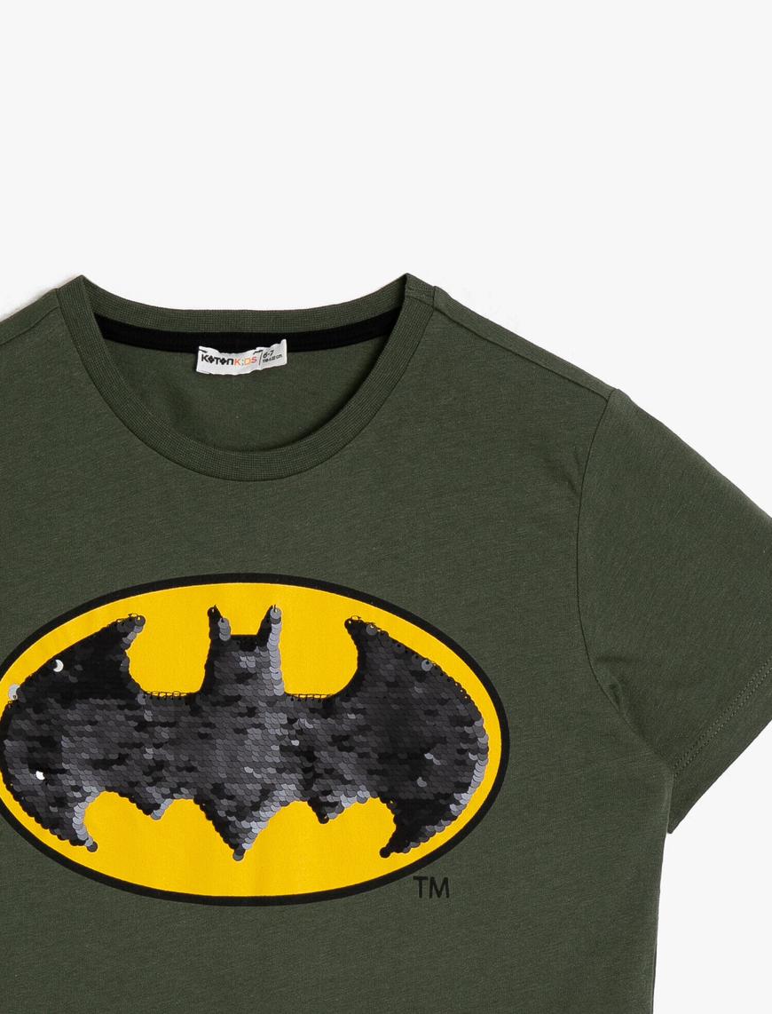  Erkek Çocuk Batman Lisanslı Çift Taraflı Pull Payet Baskılı Kısa Kollu Bisiklet Yaka Tişört