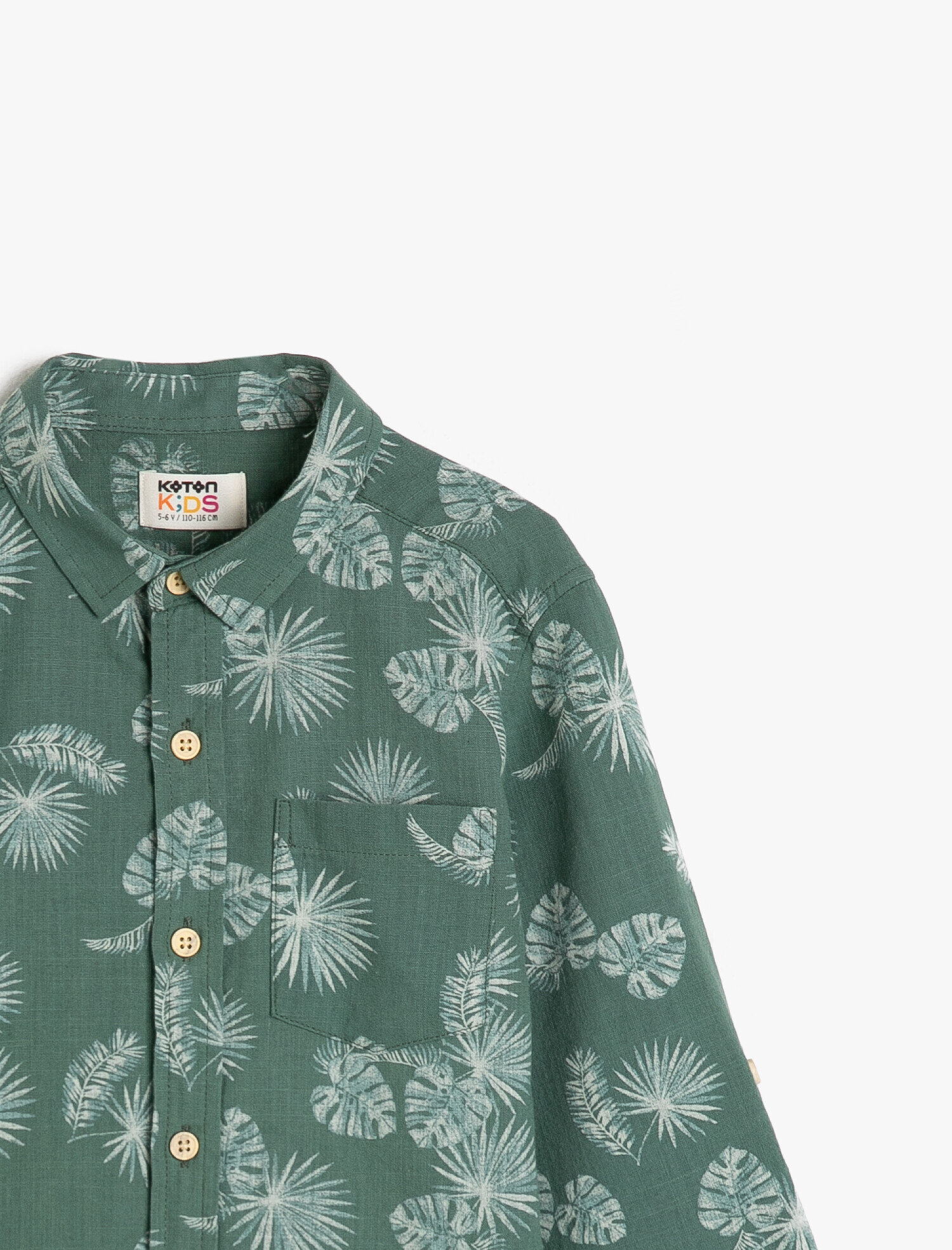  Erkek Çocuk Yaprak Desenli Pamuklu Kumaş Uzun ve Katlanabilir Kollu Gömlek