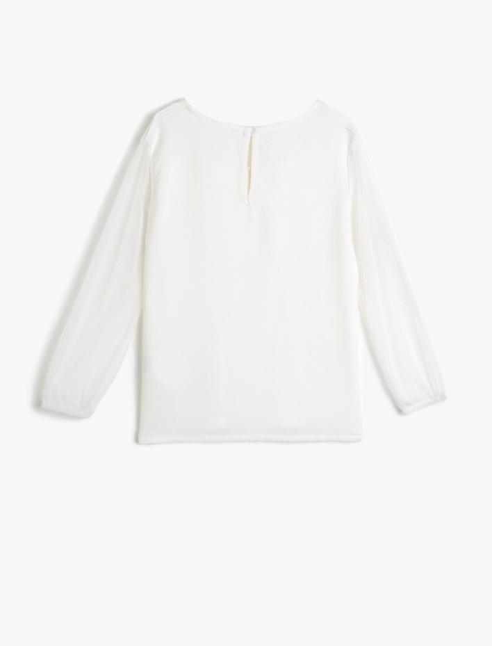 Kız Çocuk Dökümlü Kumaştan Tüllü Fırfırlı Bisiklet Yaka Uzun Kollu Bluz