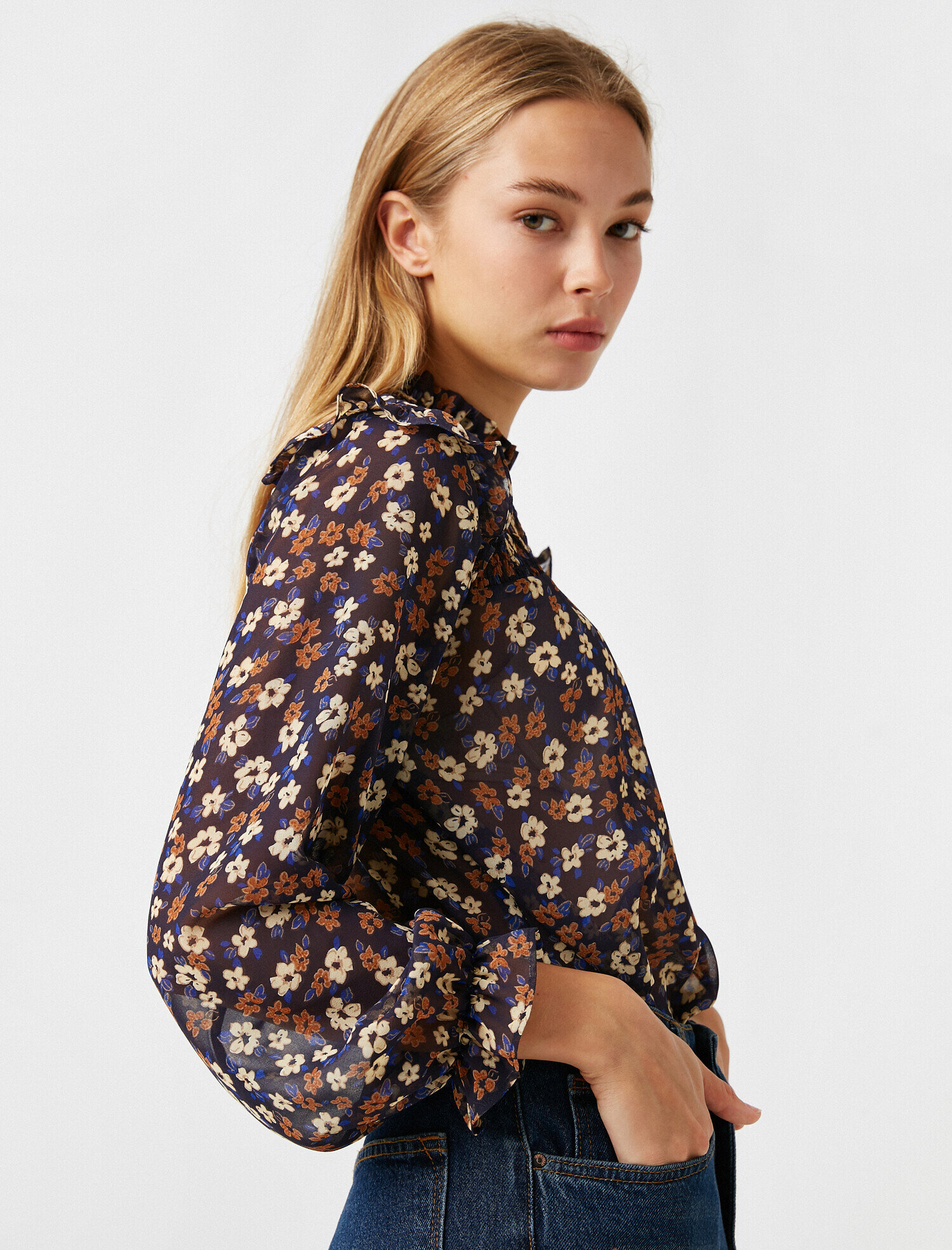   Balıkçı Yaka Uzun Kollu Çiçekli Bluz