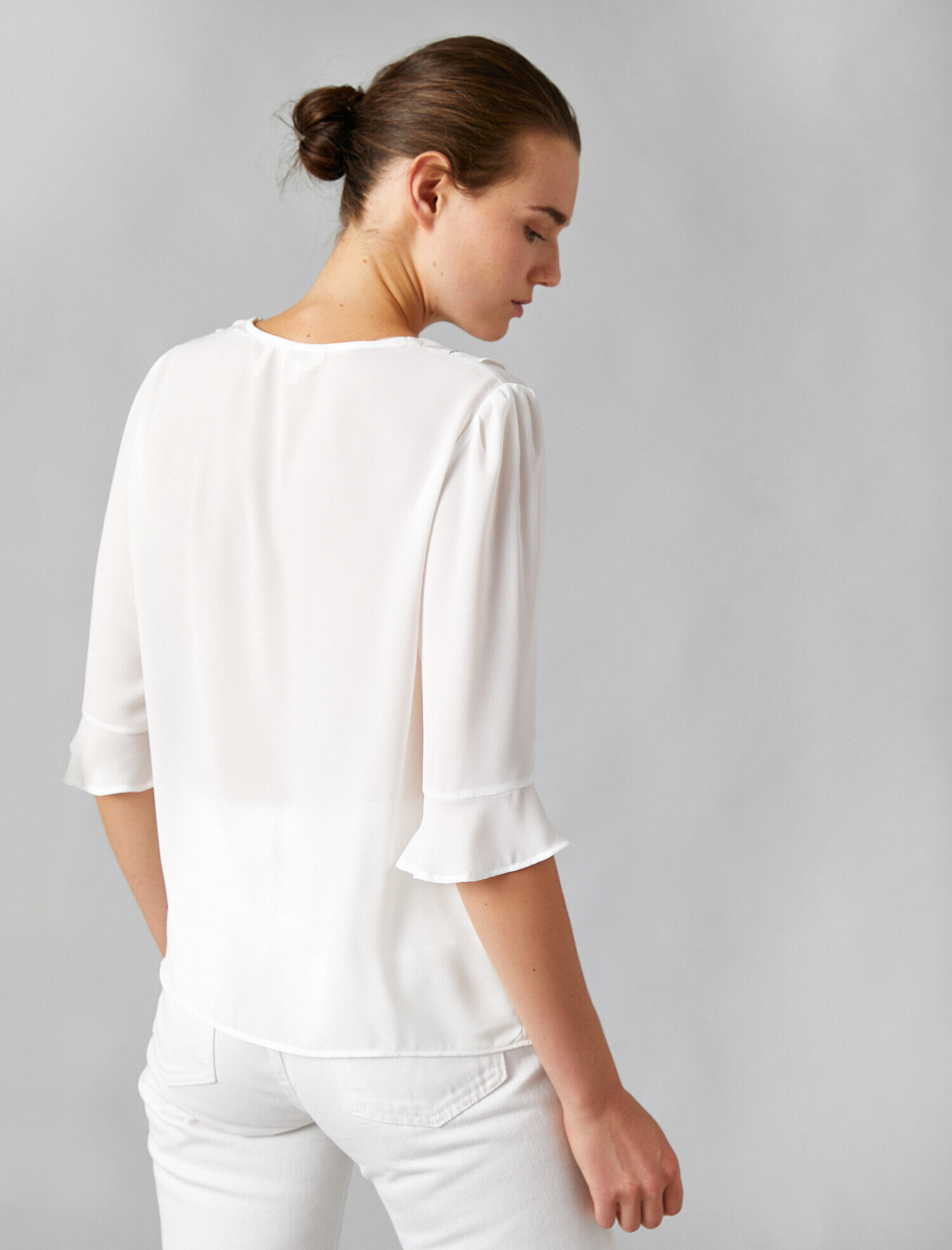   3/4 Kol V Yaka Volanlı Bluz