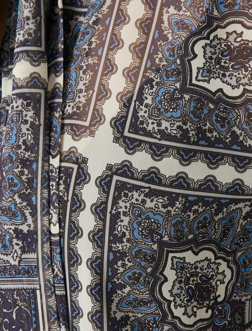   Fular Yaka Etnik Desenli Uzun Kollu Şifon Bluz