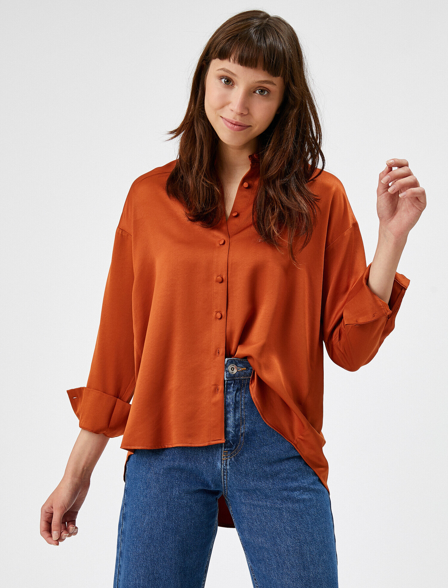   Mandarin Yaka Düğmeli Saten Gömlek