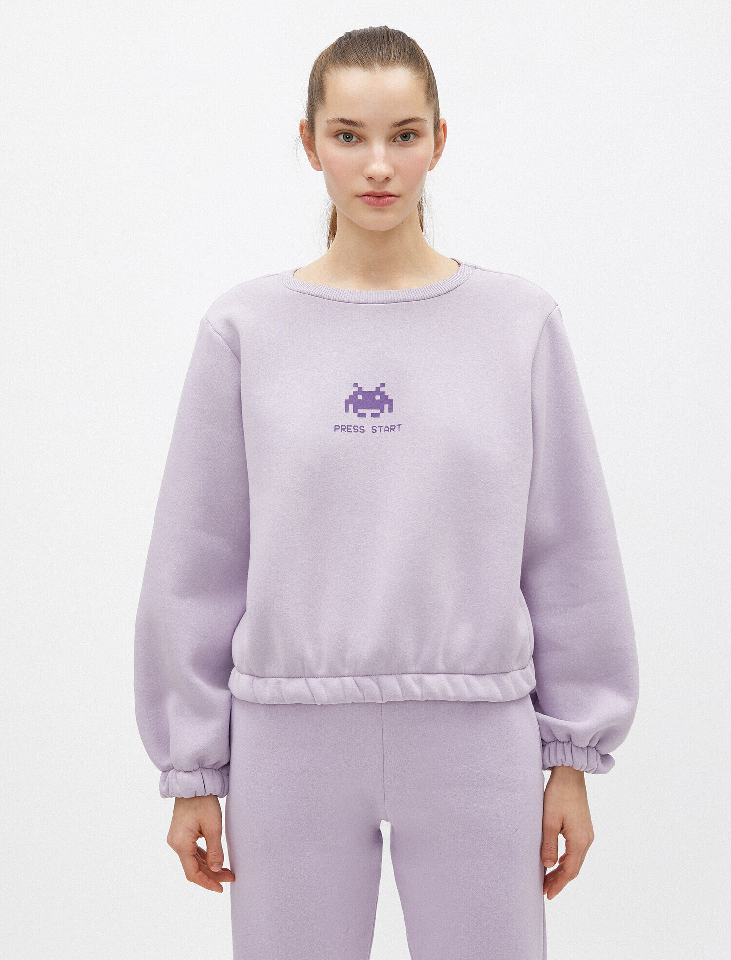   Bisiklet Yaka Baskılı Crop Sweatshirt