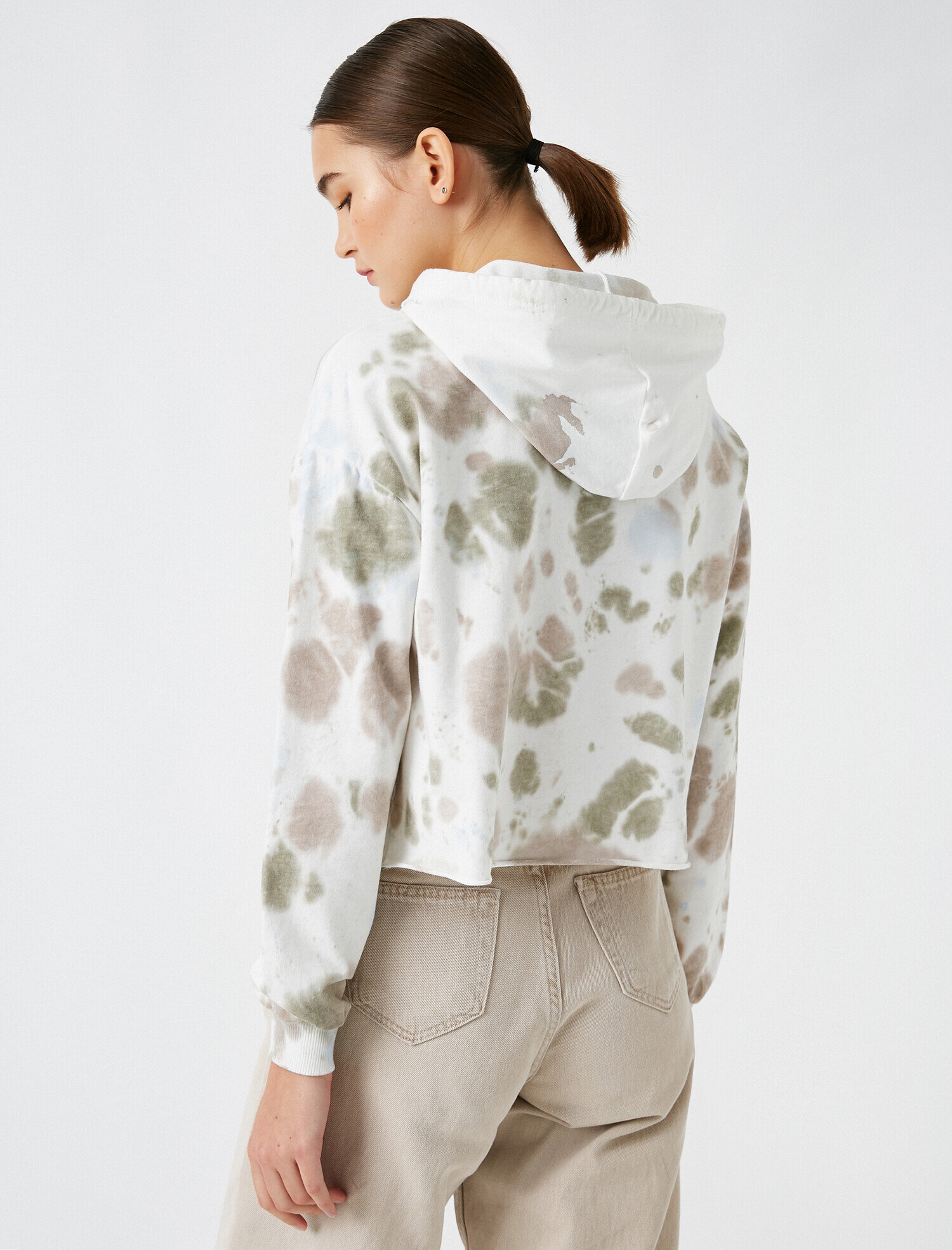   Kapüşonlu Crop Desenli Sweatshirt