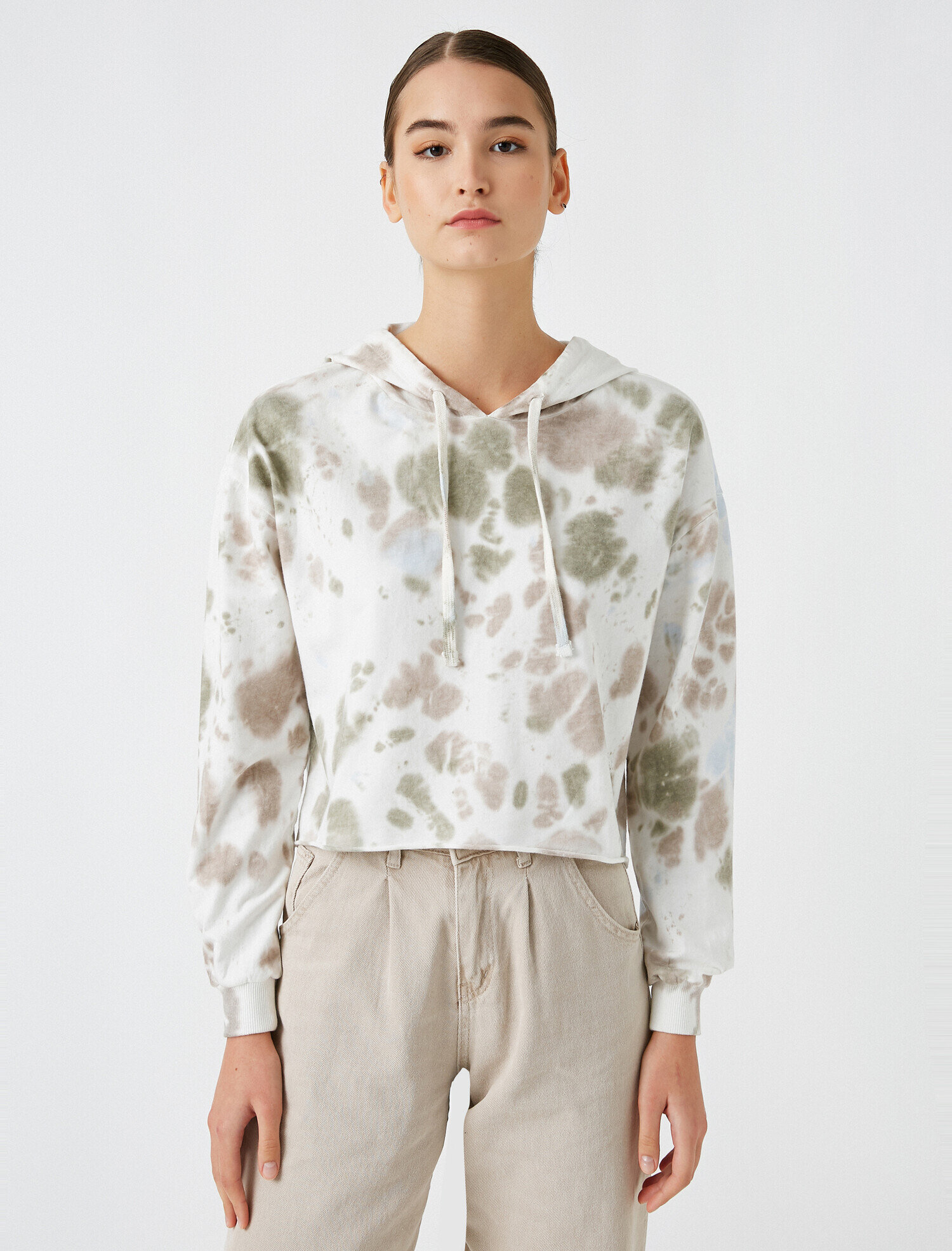   Kapüşonlu Crop Desenli Sweatshirt