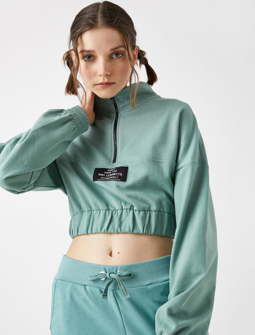   %100 Pamuk Sloganlı Crop Sweatshirt