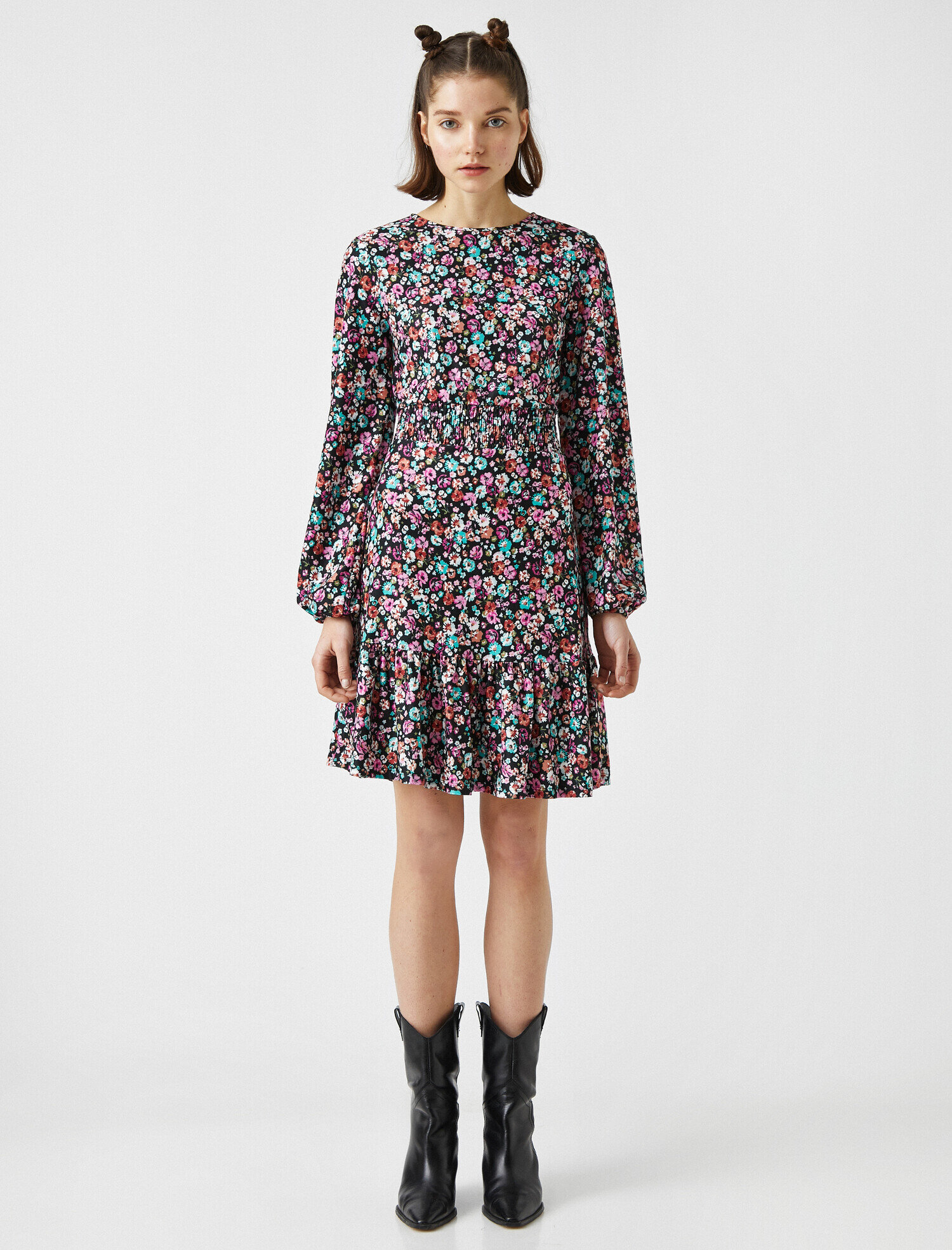   Bisiklet Yaka Uzun Kollu Fırfırlı Çiçekli Kısa Elbise