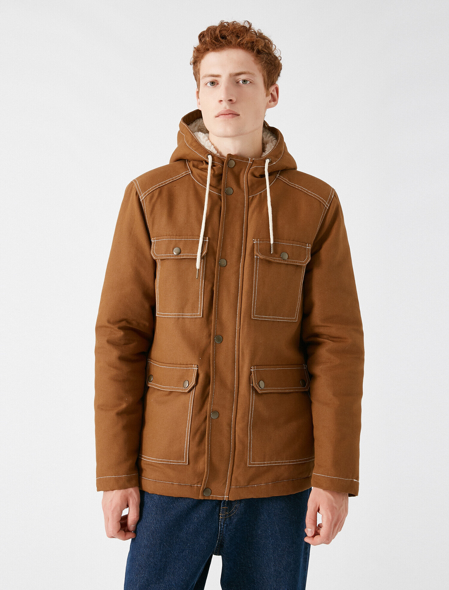   Kapşonlu Gabardin Kaban Cep Detaylı Fermuarlı