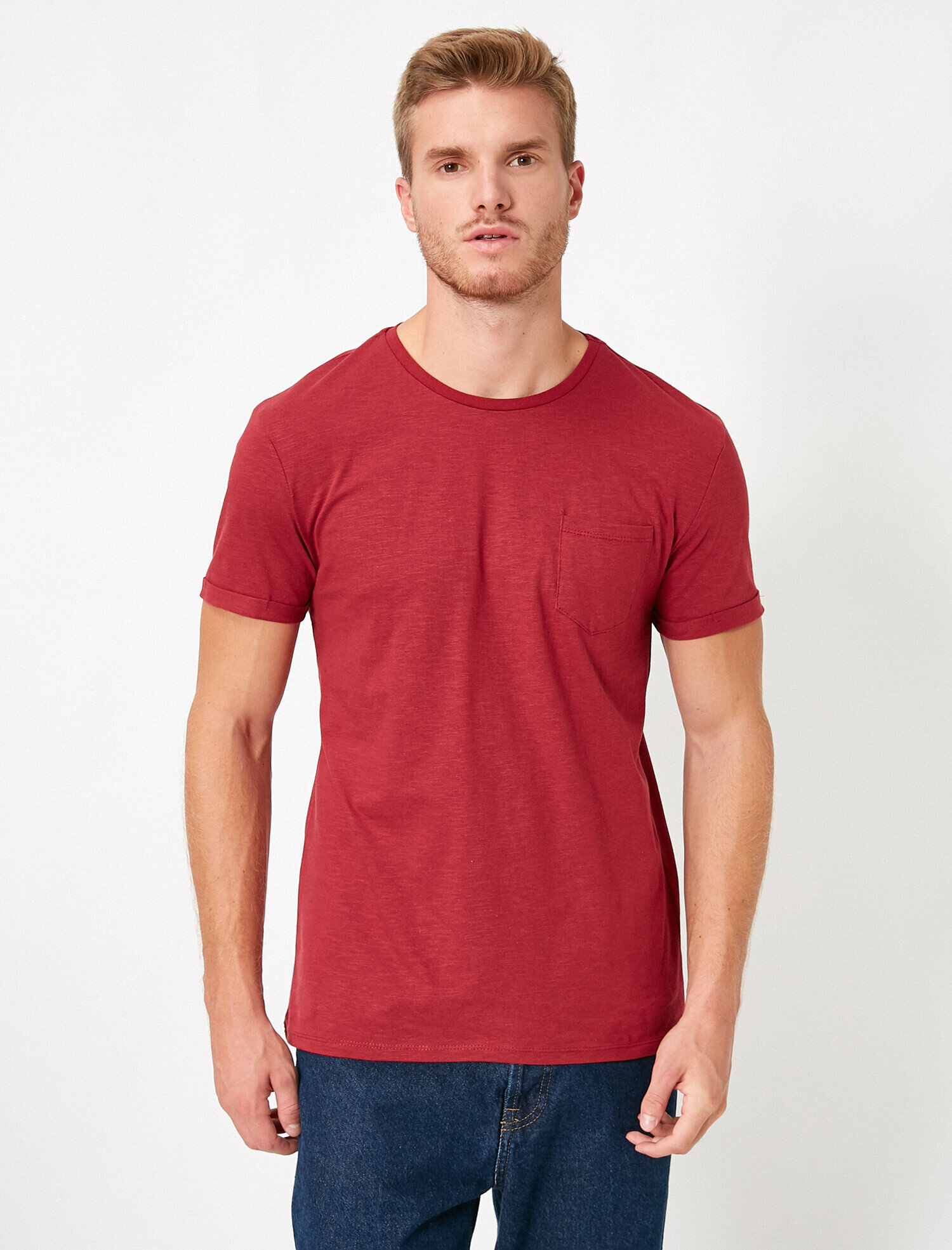 Pamuklu Bisiklet Yaka Kısa Kollu Cepli Tişört