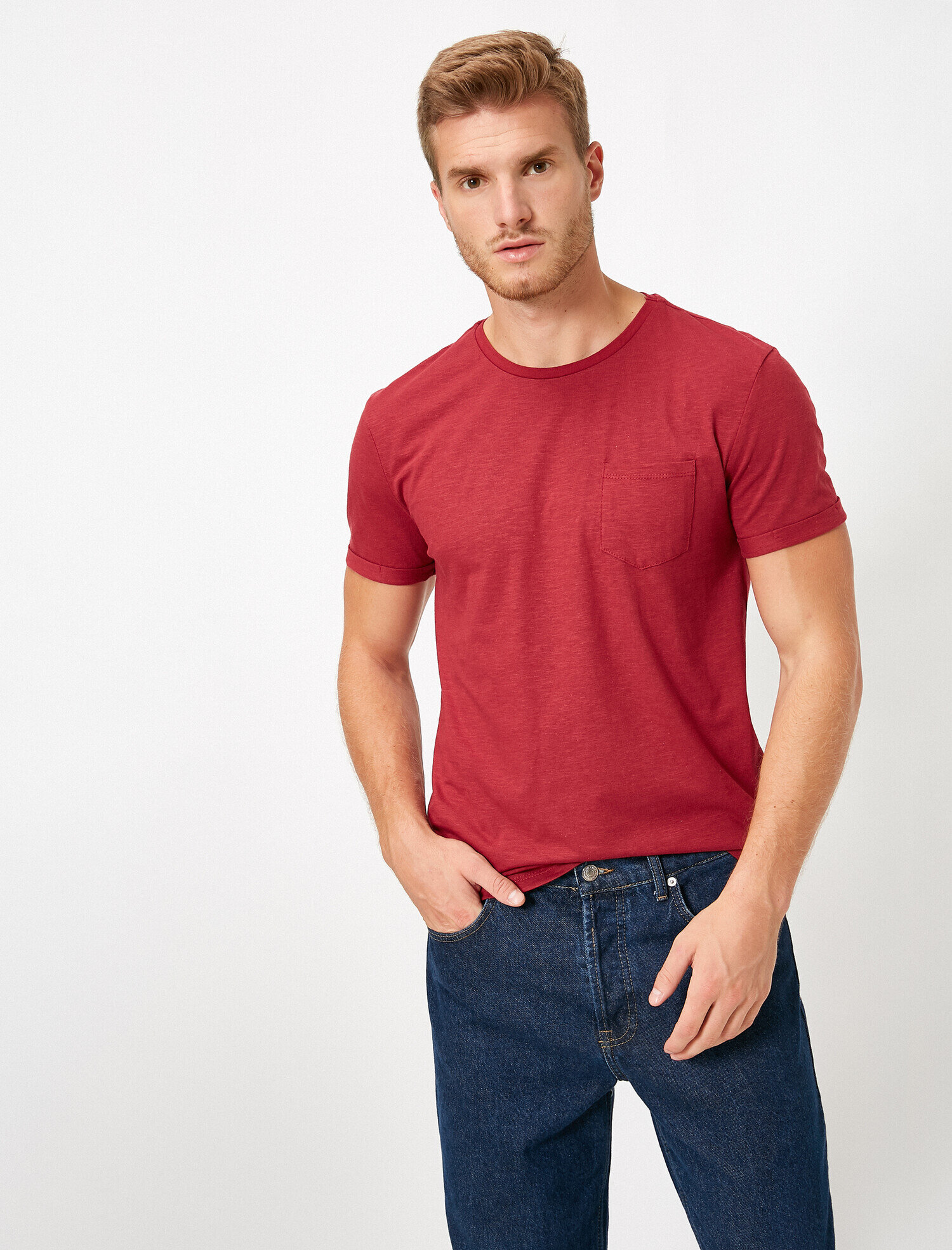 Pamuklu Bisiklet Yaka Kısa Kollu Cepli Tişört