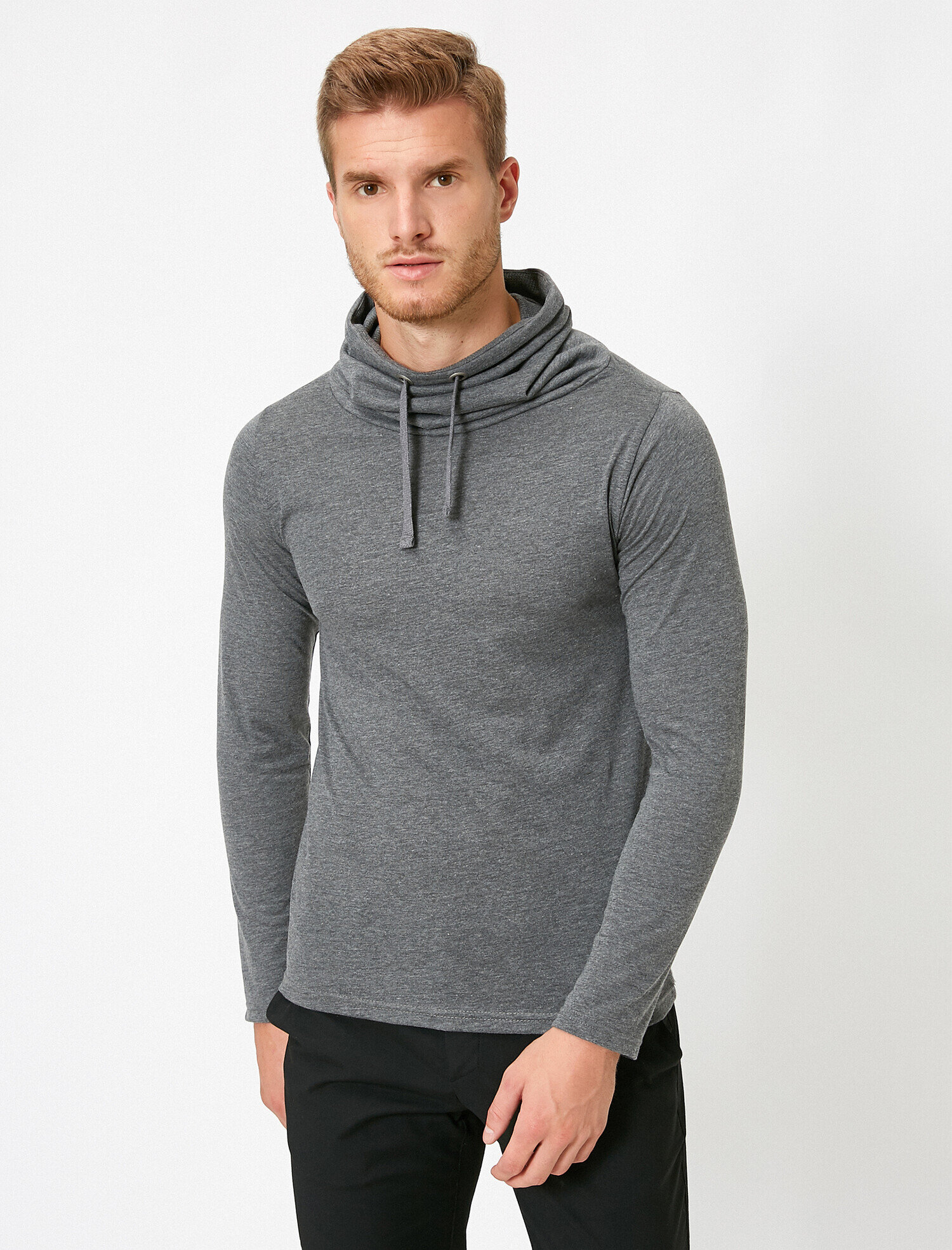   Slim Fit Pamuklu Şal Yaka Basic Uzun Kollu Tişört