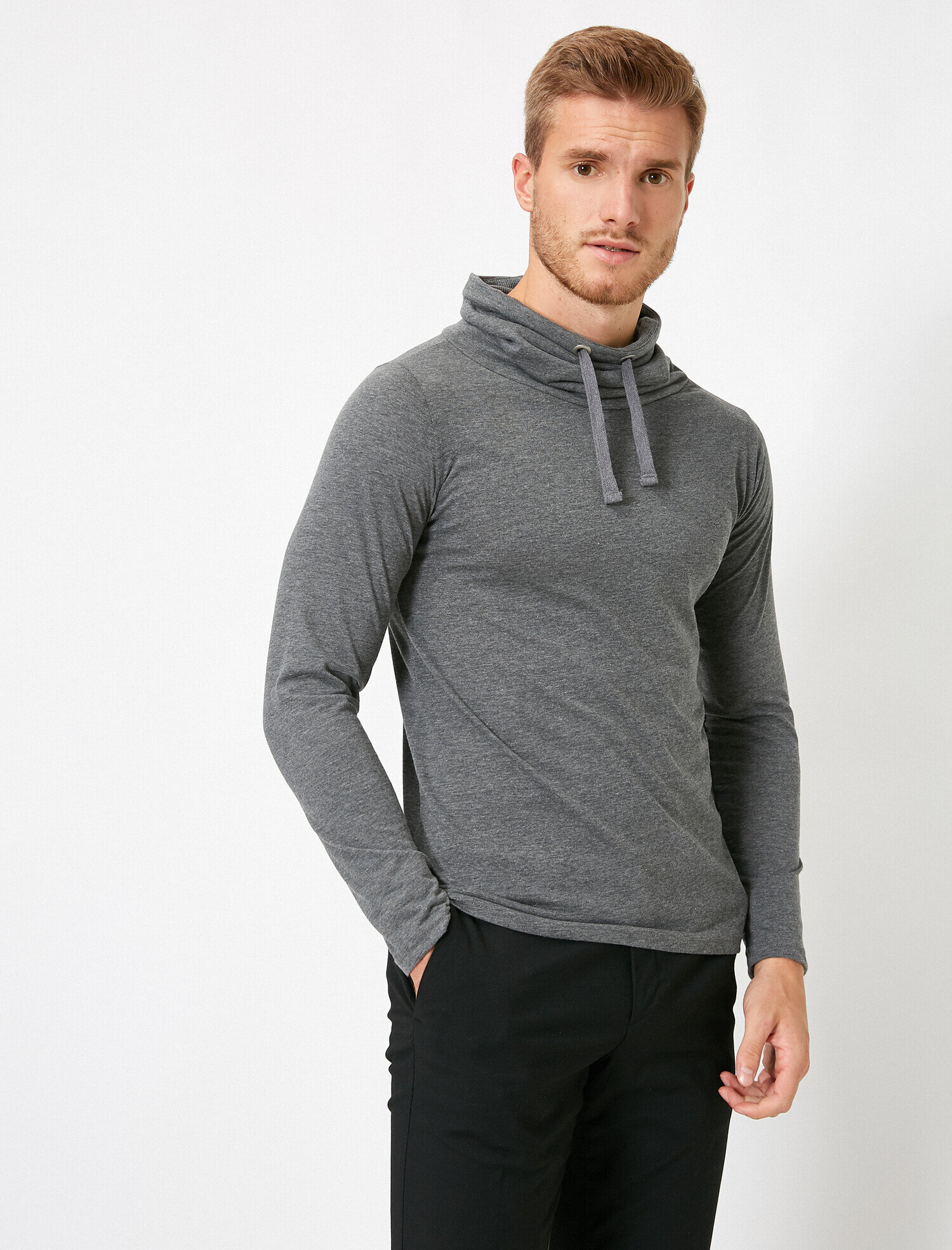   Slim Fit Pamuklu Şal Yaka Basic Uzun Kollu Tişört