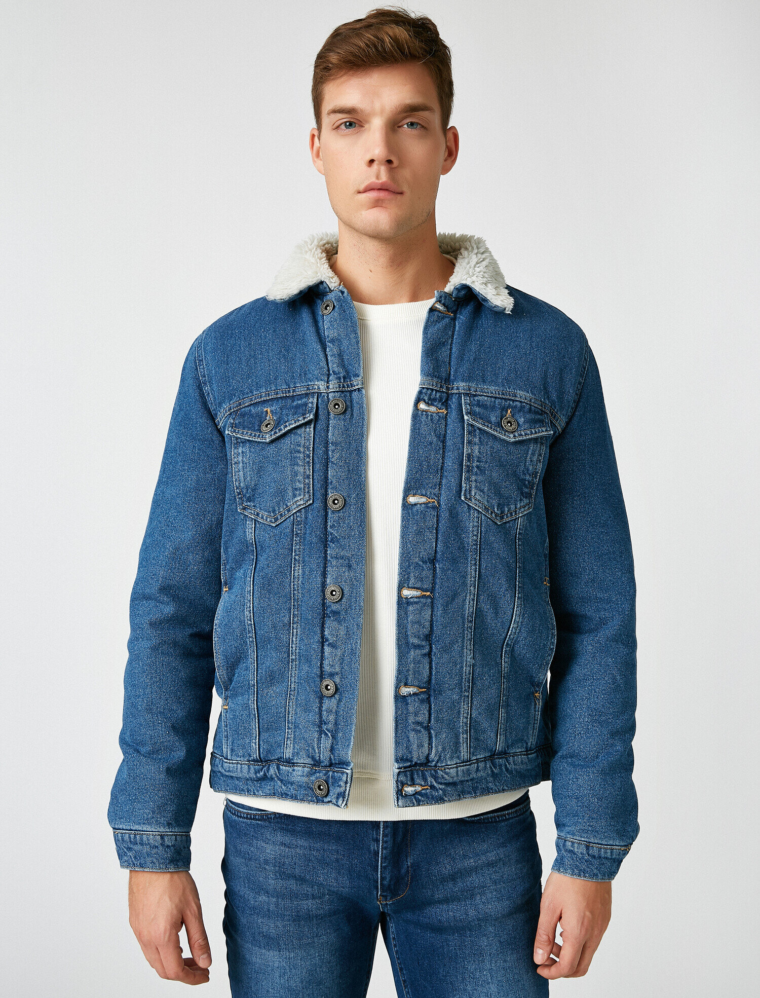   Şerpalı Gömlek Yaka Pamuklu Jean Ceket