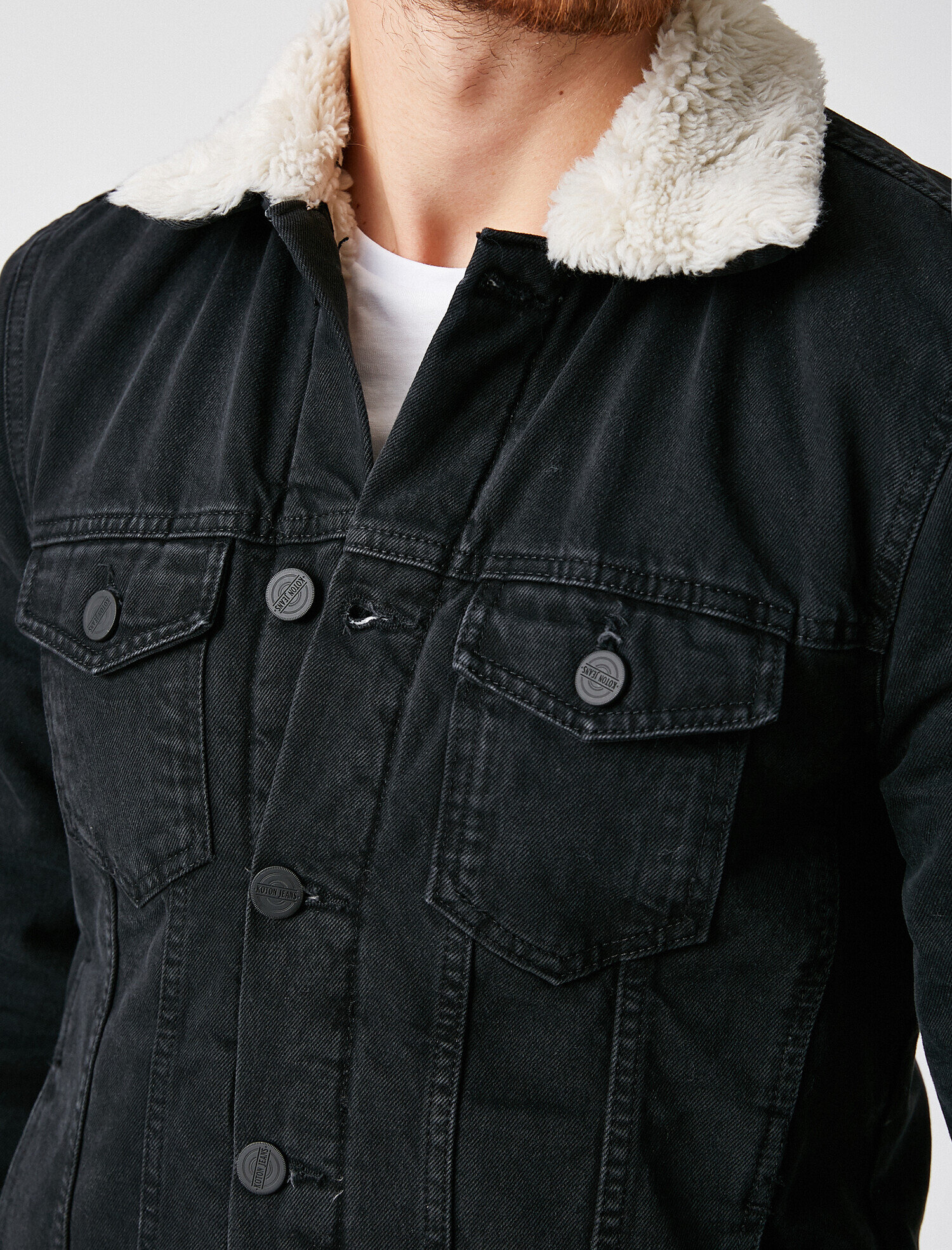   Cepli Yakası Suni Kürklü Jean Ceket