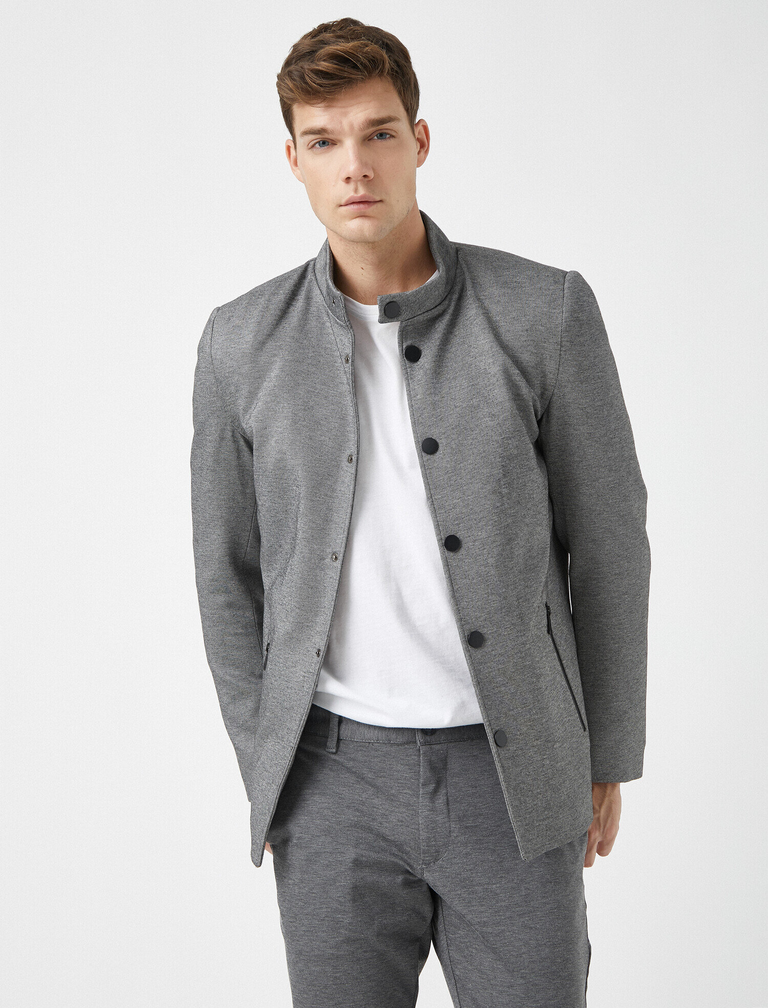   Dik Yaka Fermuar Cepli Çıtçıt Düğmeli Ceket