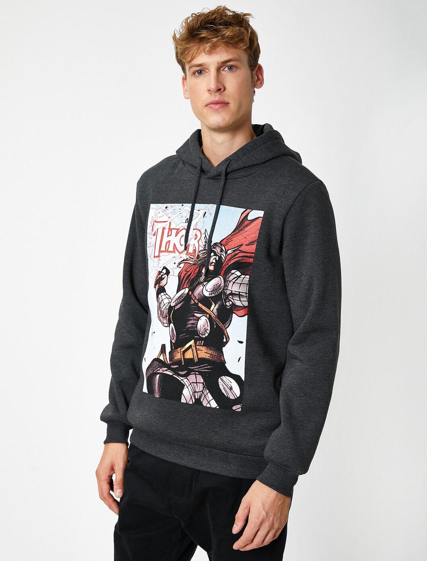  Kapüşonlu Pamuklu Thor Lisanslı Baskılı Sweatshirt