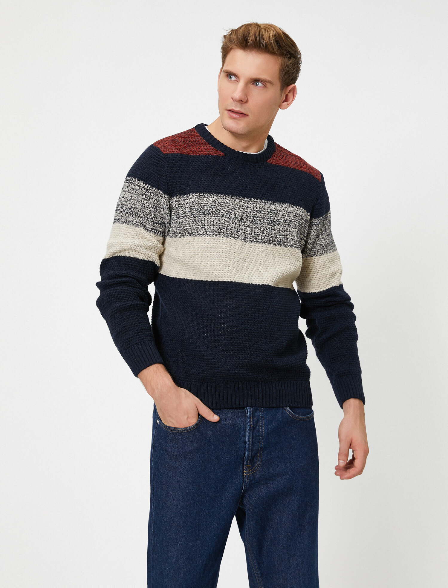   Renk Bloklu Bisiklet Yaka Uzun Kollu Triko Kazak