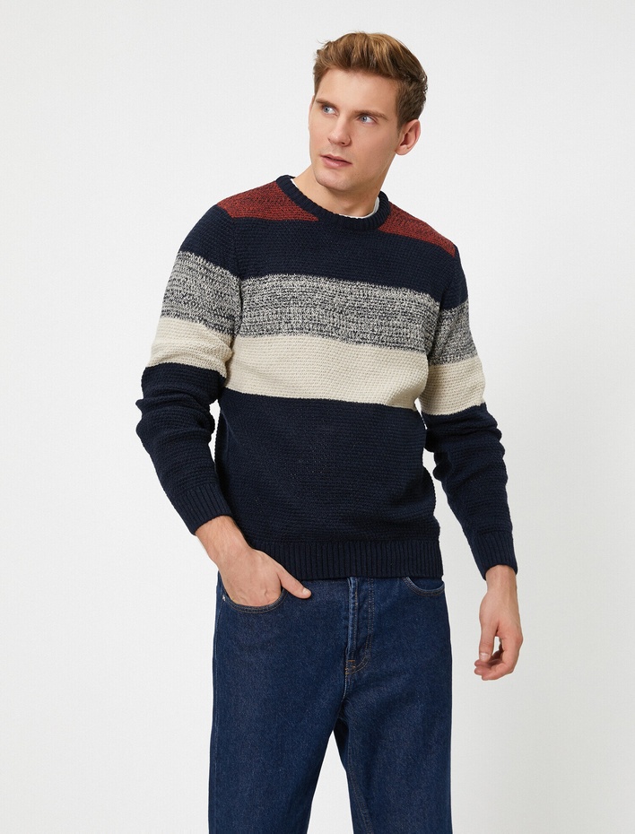  Renk Bloklu Bisiklet Yaka Uzun Kollu Triko Kazak