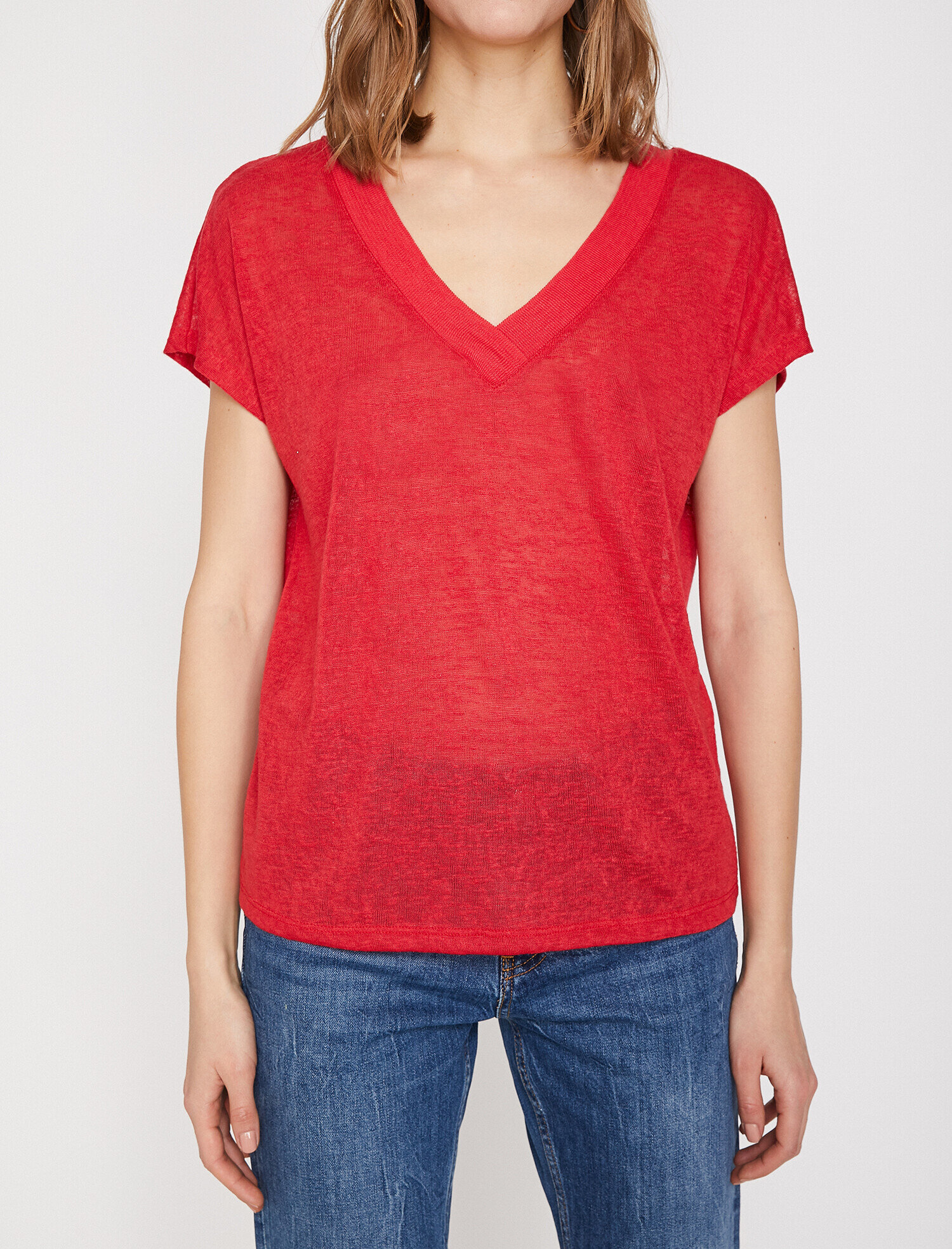   Keten Görünümlü V Yaka Tişört