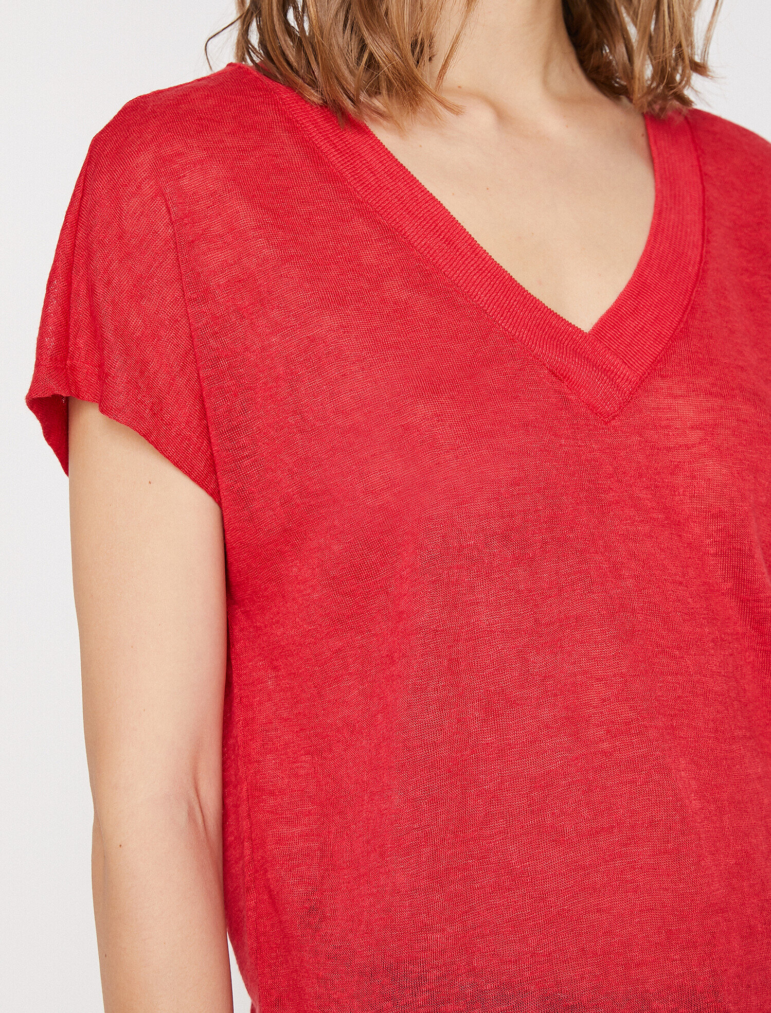   Keten Görünümlü V Yaka Tişört