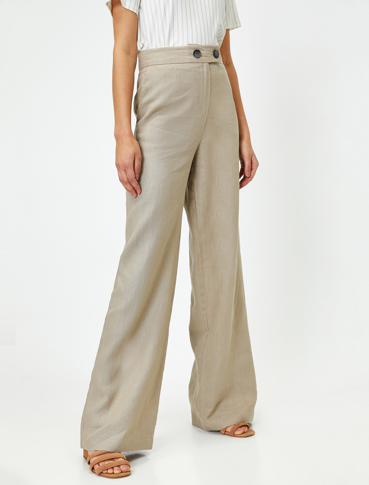   Kontrast Belli Düğme Detaylı Geniş Paça Pantolon Keten Karışımlı