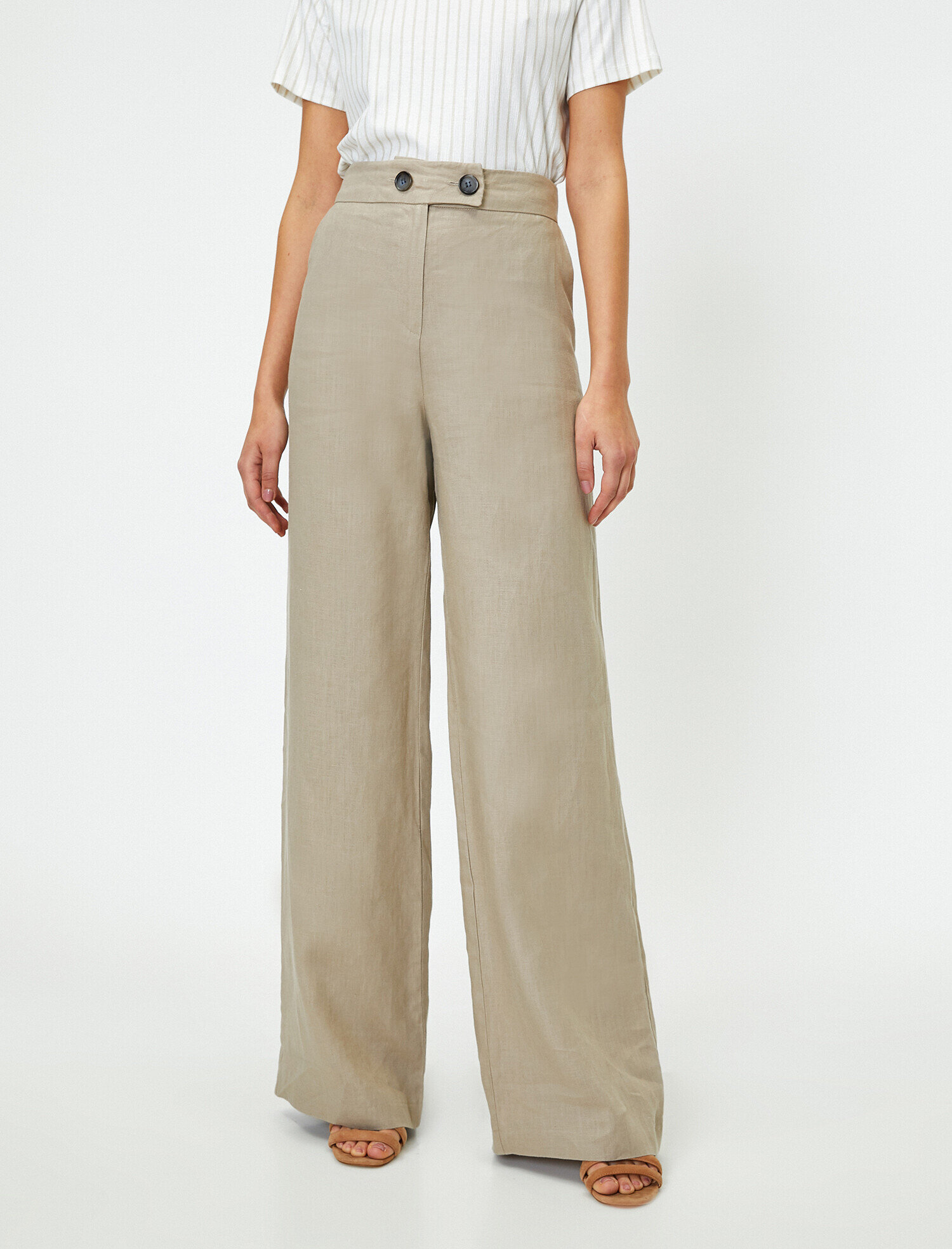   Kontrast Belli Düğme Detaylı Geniş Paça Pantolon Keten Karışımlı