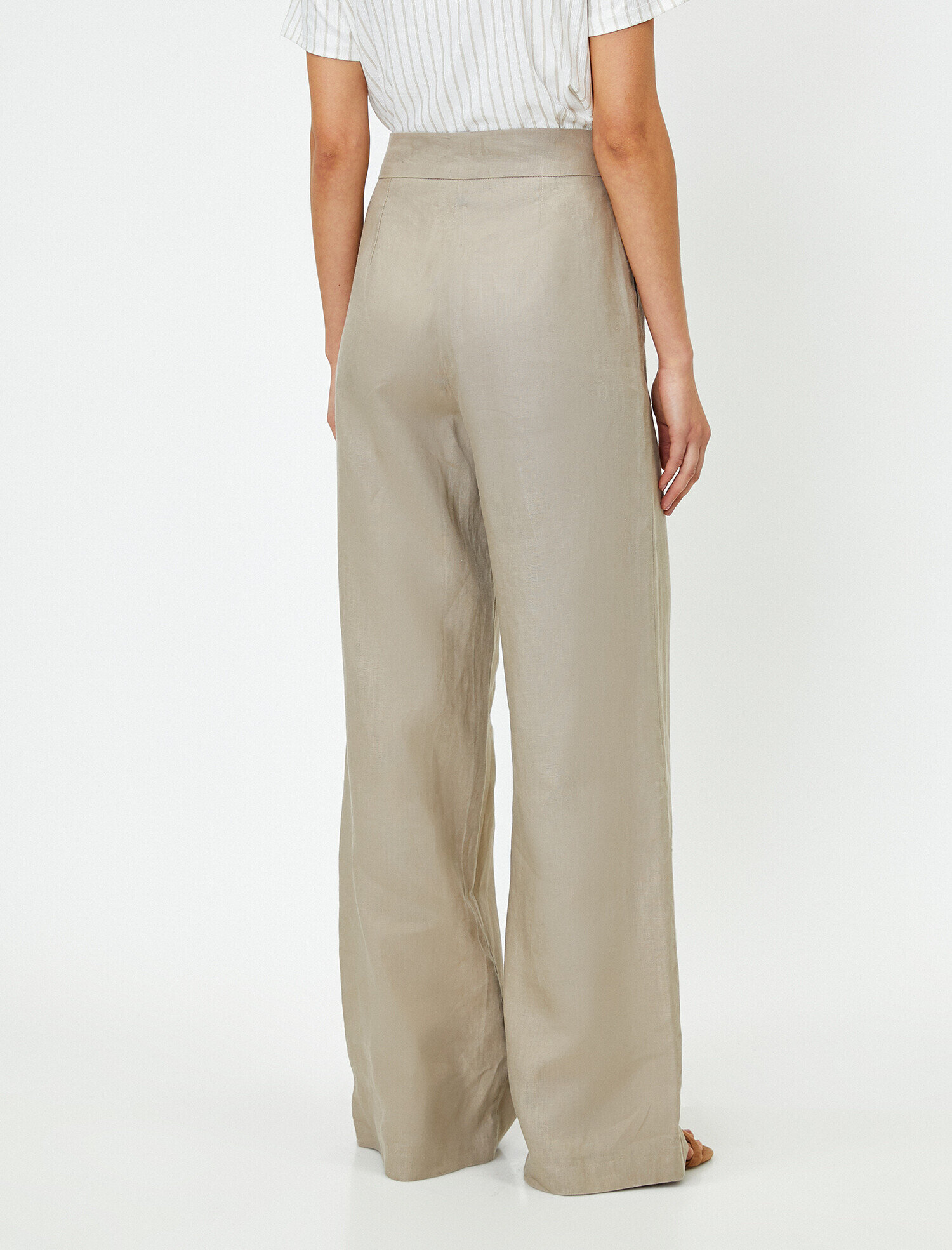   Kontrast Belli Düğme Detaylı Geniş Paça Pantolon Keten Karışımlı