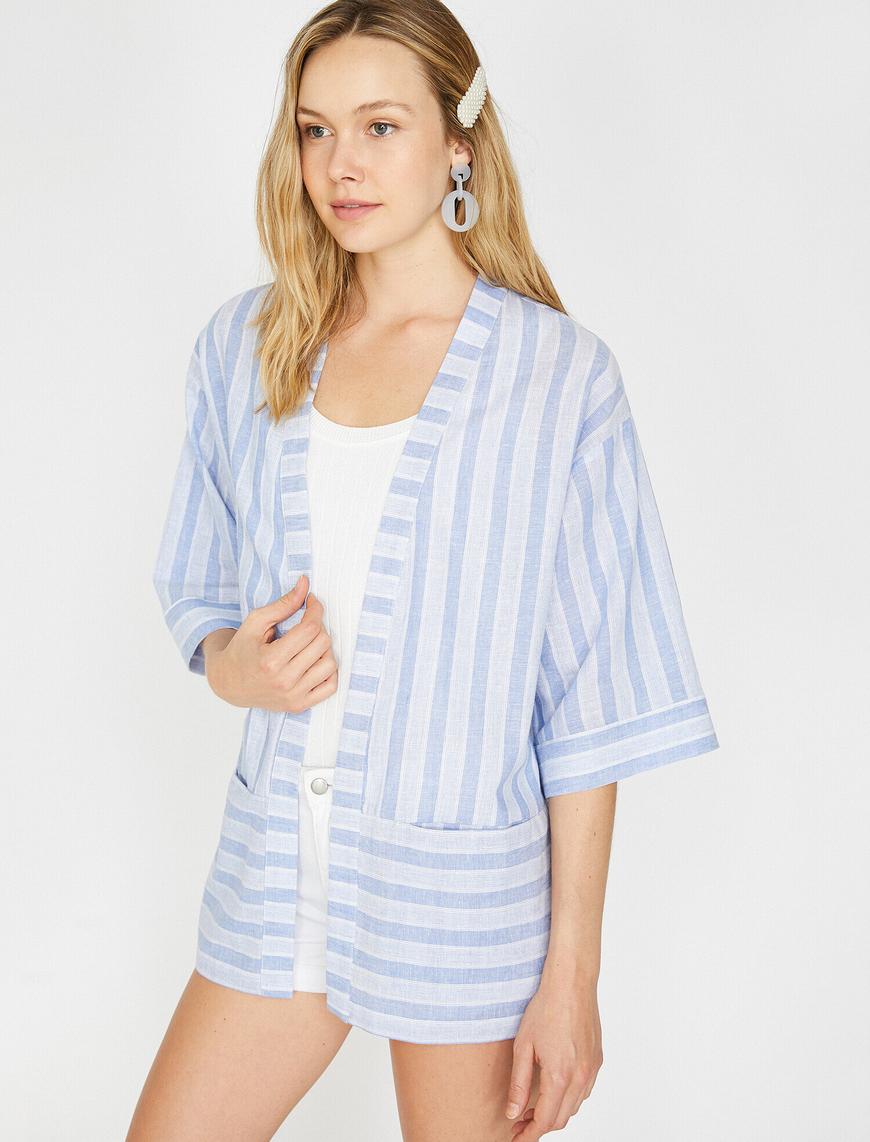   Çizgili Kimono Keten Karışımlı