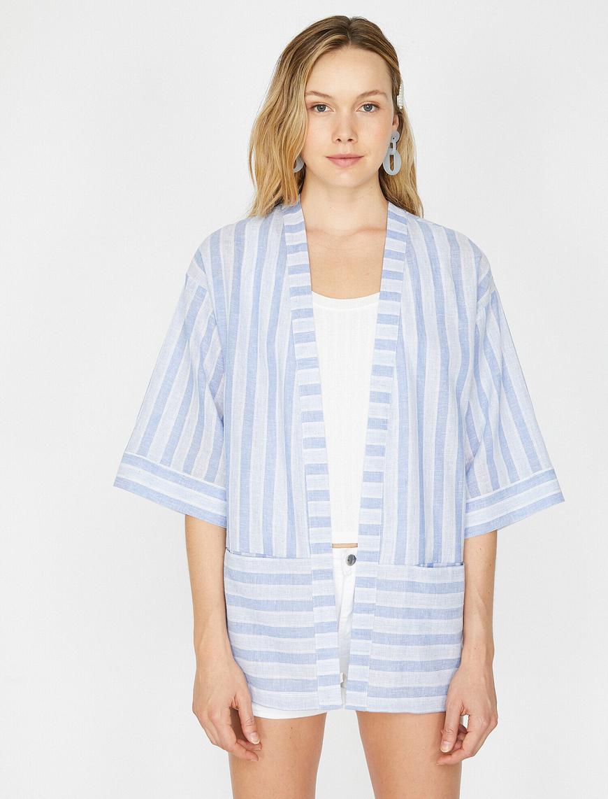  Çizgili Kimono Keten Karışımlı