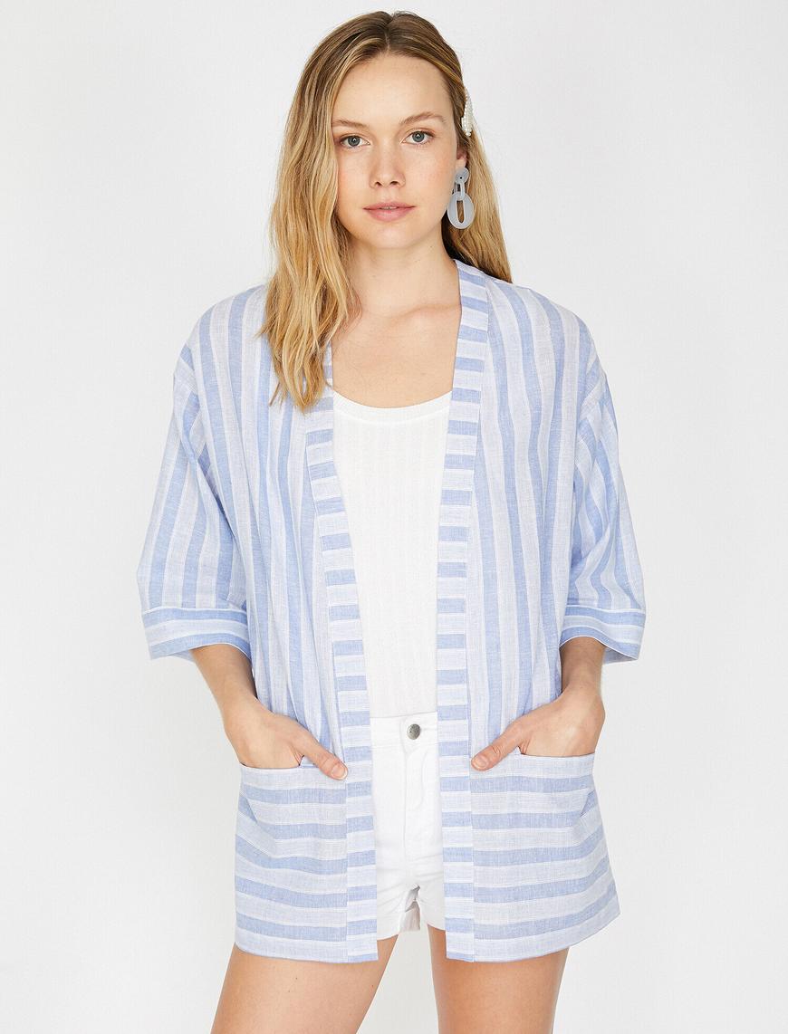   Çizgili Kimono Keten Karışımlı